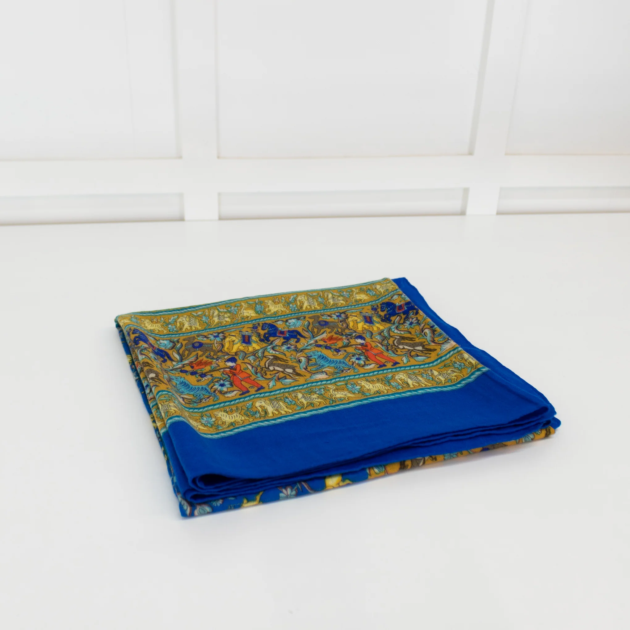 Hermes Blue Yellow Cashmere Blend Chasse En Inde Shawl - Image 3