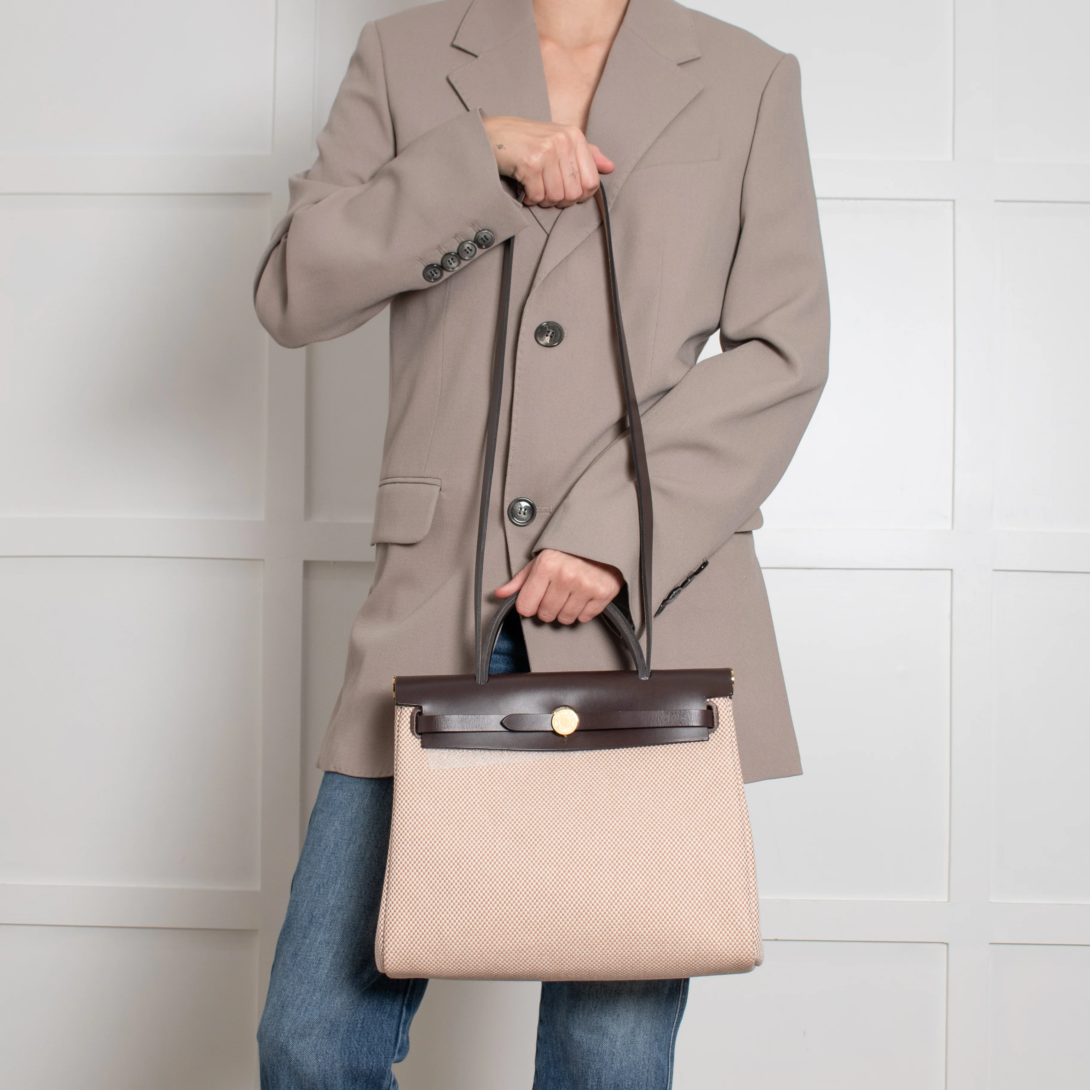 Hermes Brown Leather Ecru Canvas Herbag Zip 31 Bag - Image 6