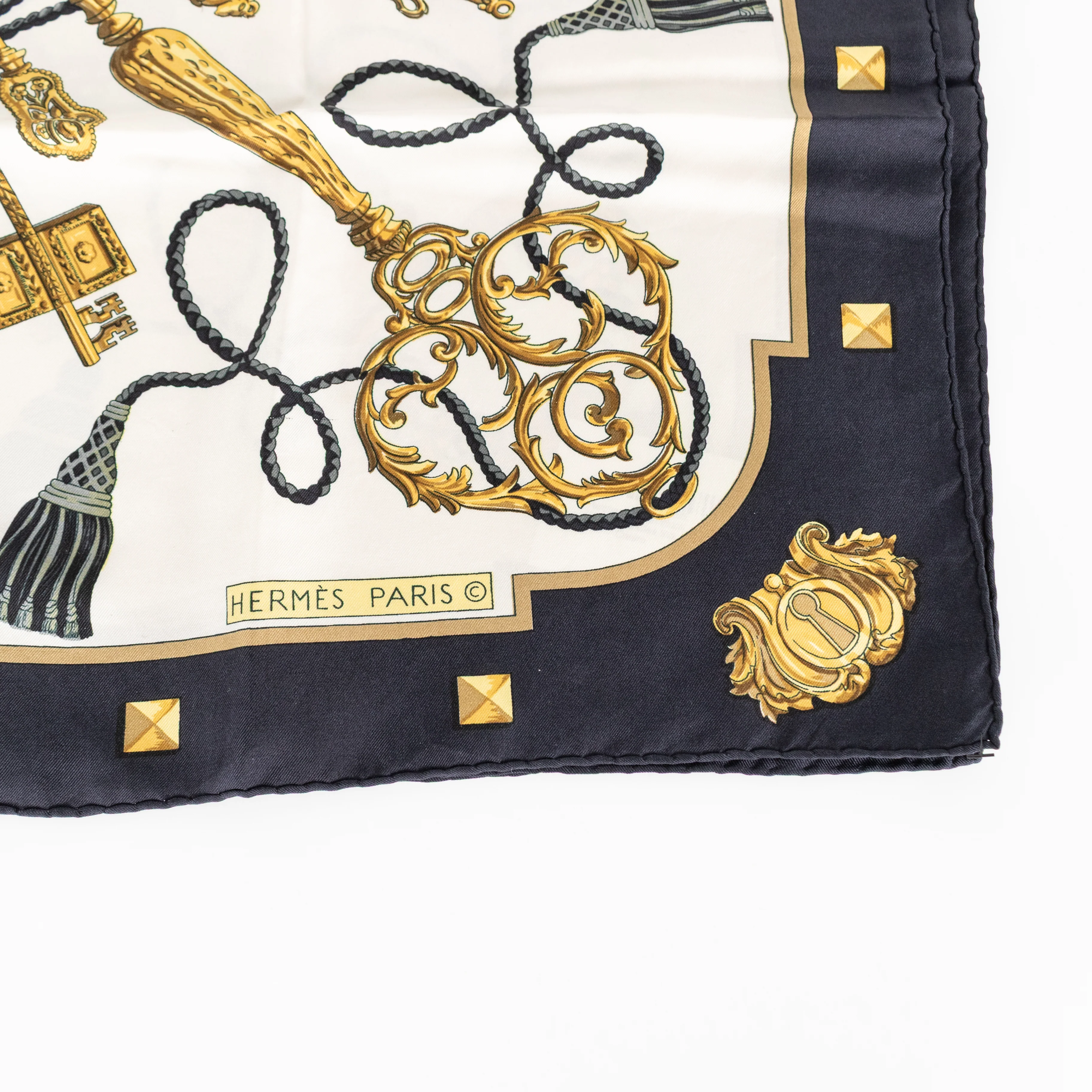 Hermes Cream Black Yellow Les Cles Silk Scarf - Image 4