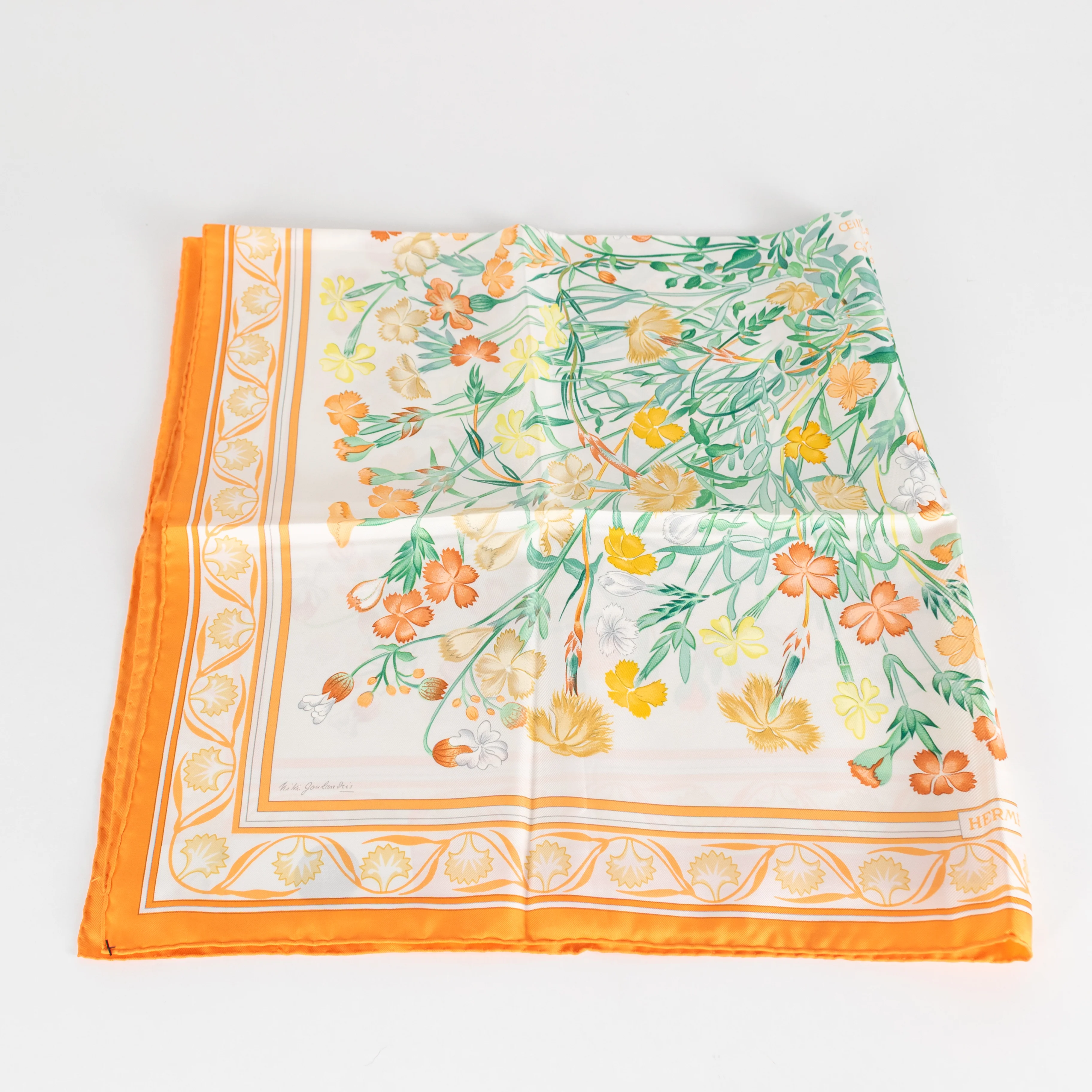 Hermes Cream Orange Oeillets Sauvages Et Autres Caryophyllees Silk Scarf - Image 4