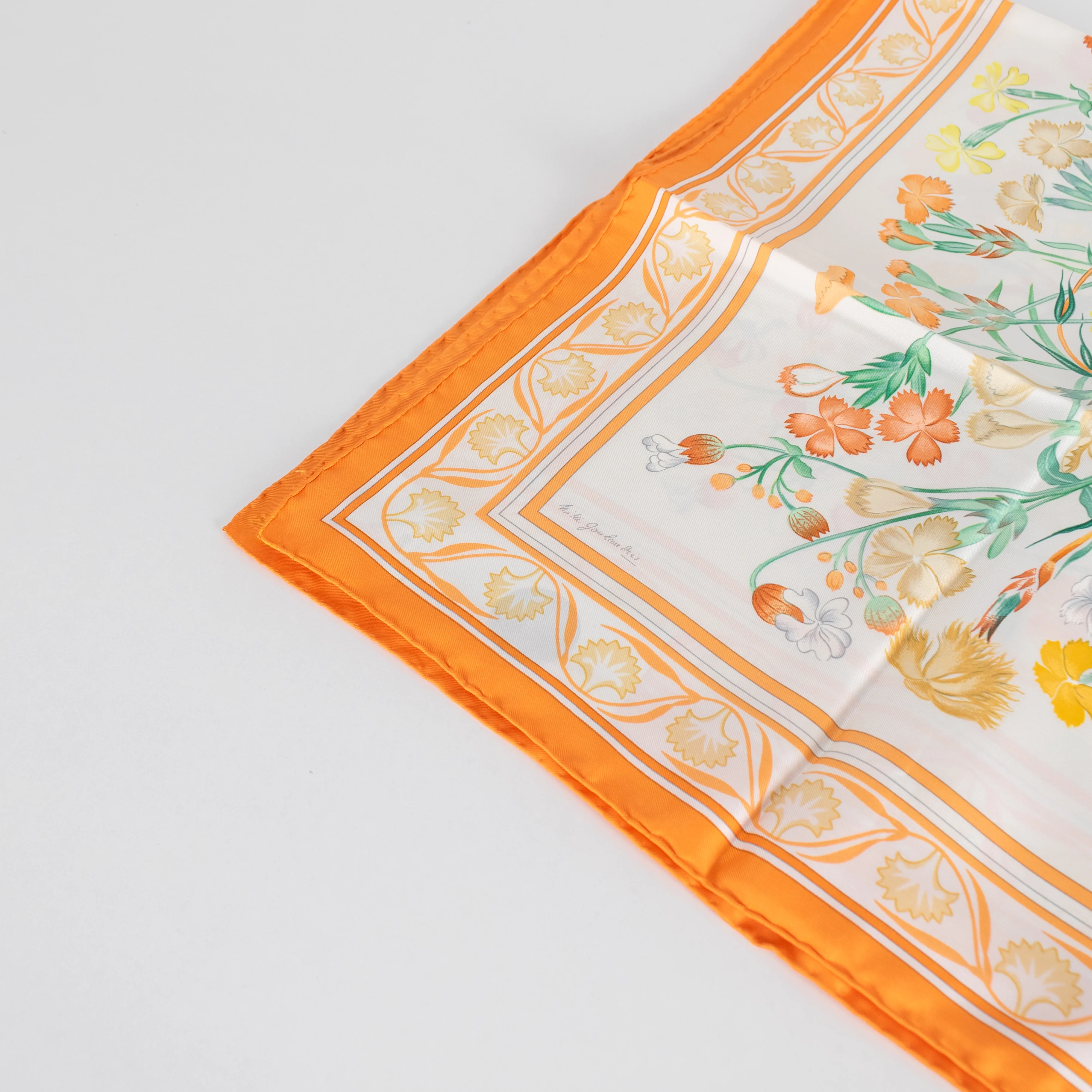 Hermes Cream Orange Oeillets Sauvages Et Autres Caryophyllees Silk Scarf - Image 5