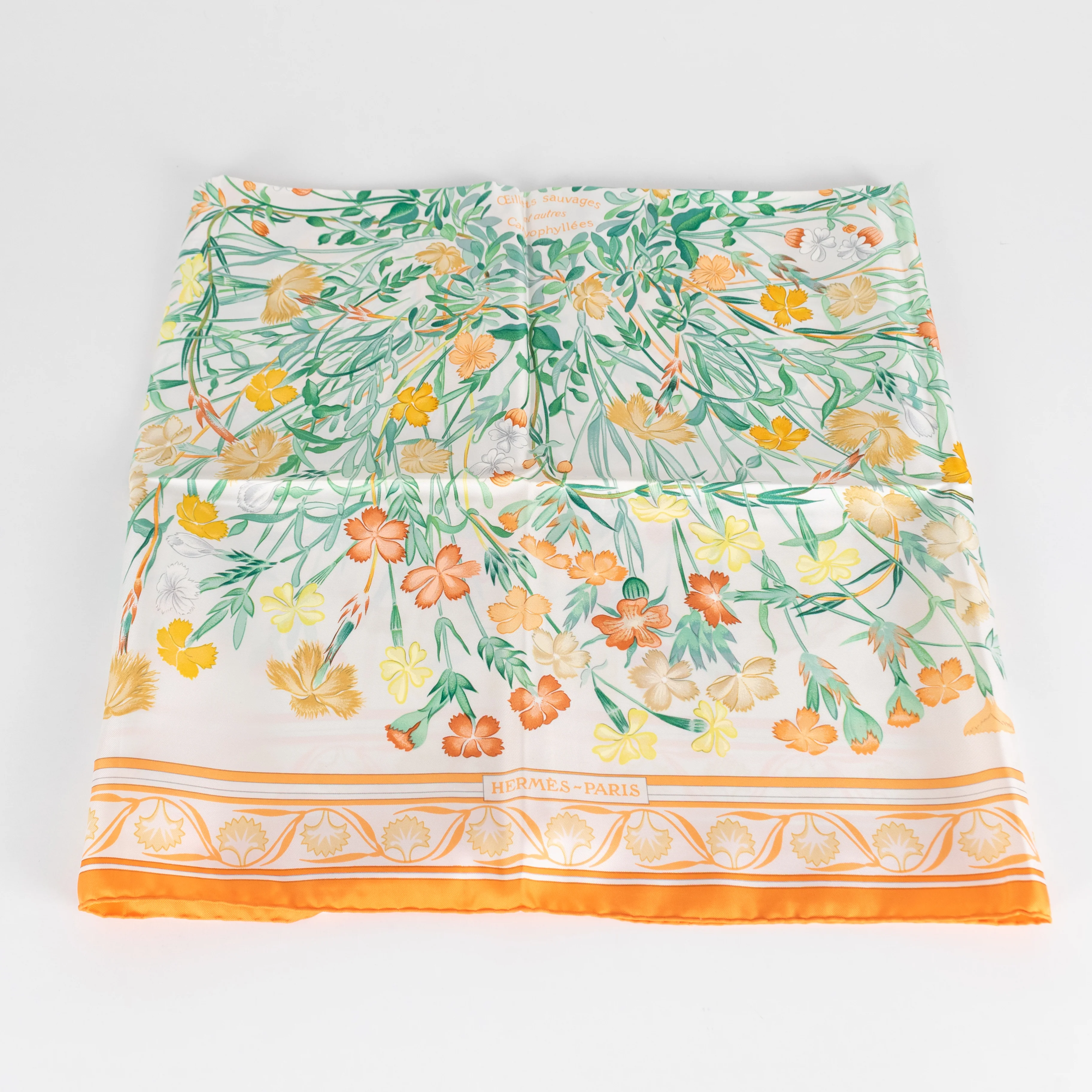 Hermes Cream Orange Oeillets Sauvages Et Autres Caryophyllees Silk Scarf - Image 6