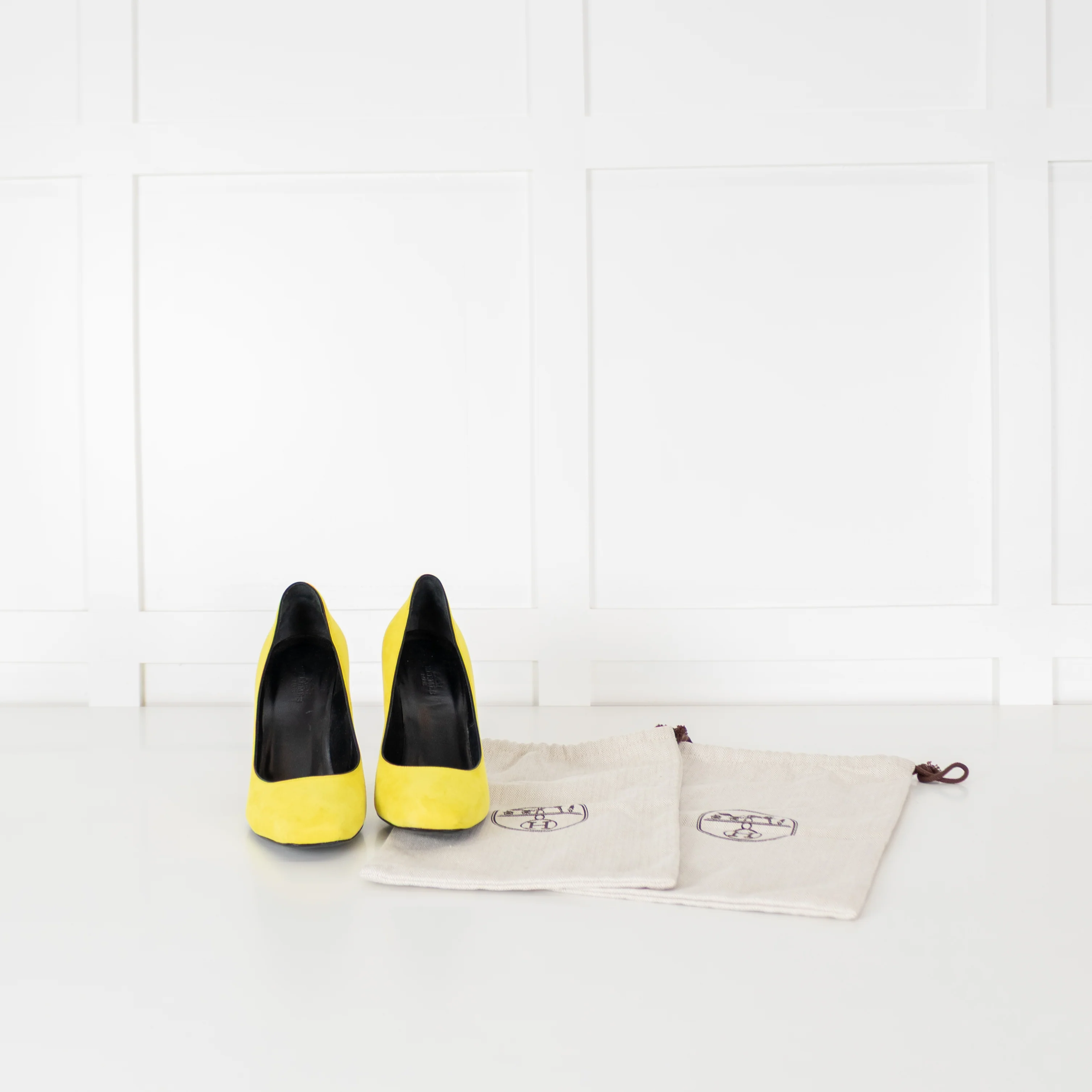 Hermes Neon Yellow Suede Square Heels - Image 3