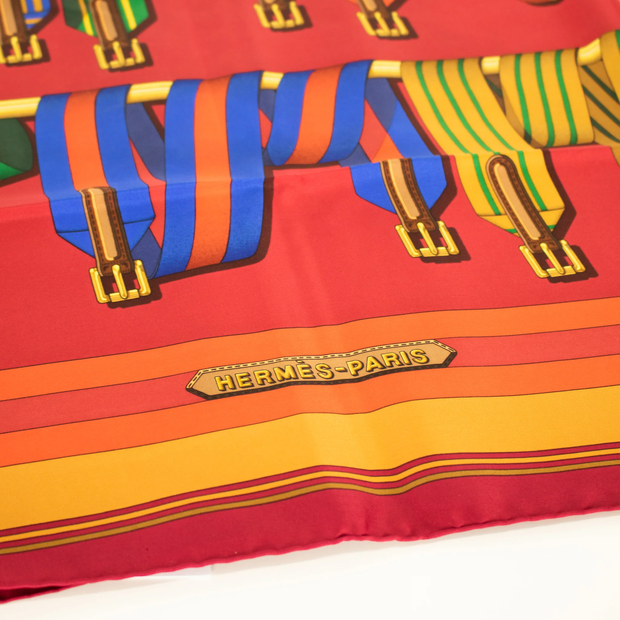 Hermes Vintage Les Sangles Gold and Burgundy Rare Vintage Silk Scarf - Image 3
