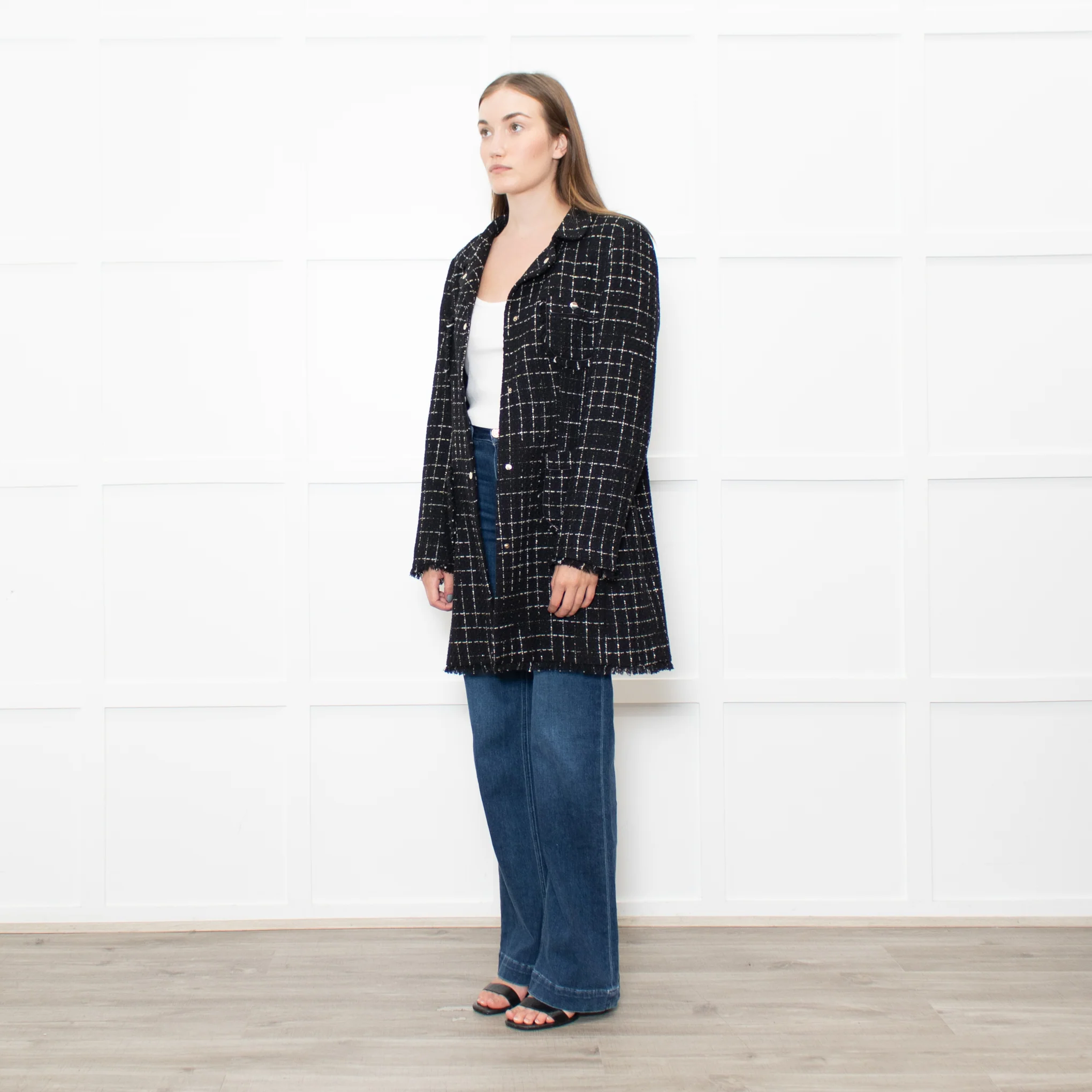 Herno Black Tweed With Gold Thread Raw Hem Peter Pan Collar Coat - Image 3