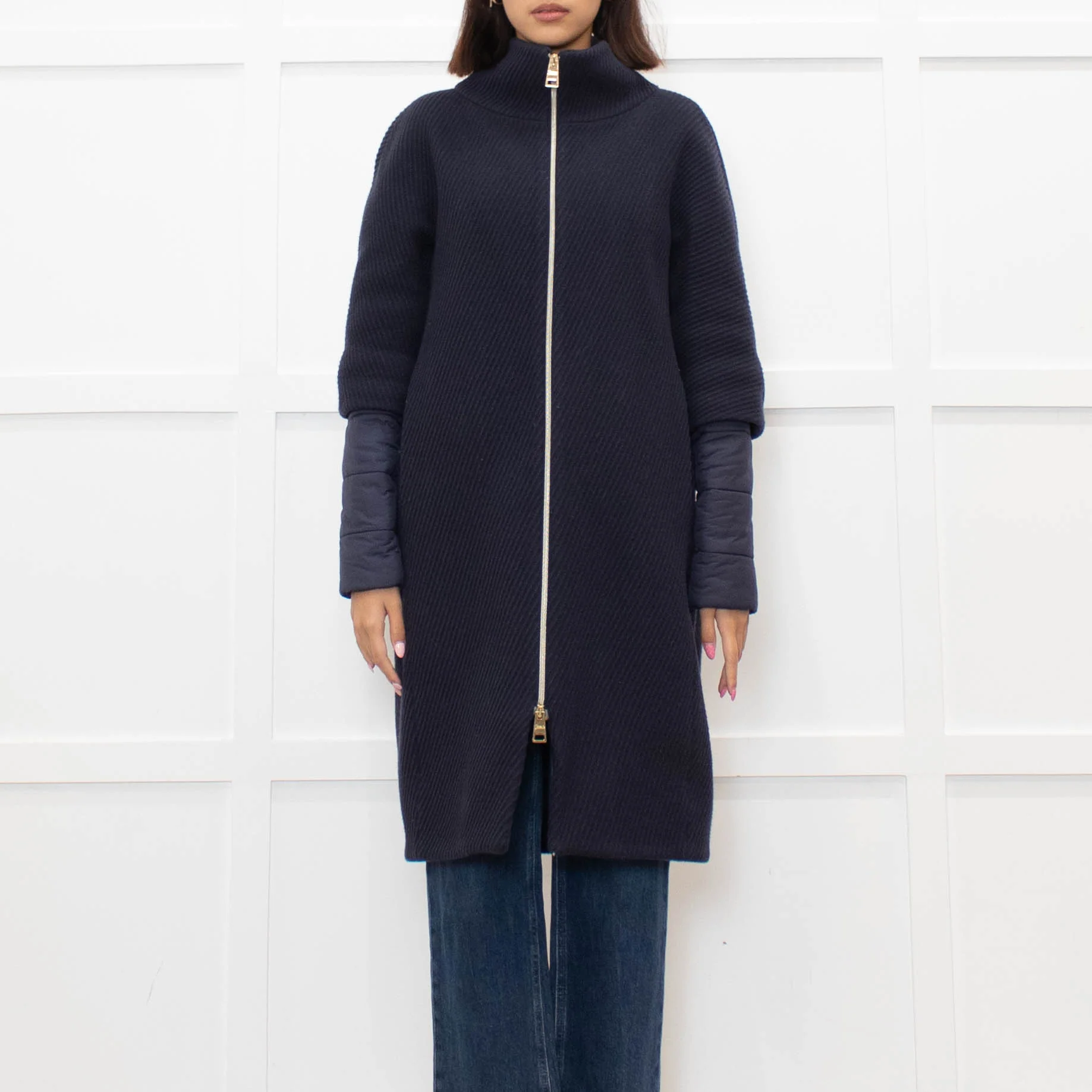 Herno Dark Blue Wool Zipped Coat with Puffer Cuffs - Image 2