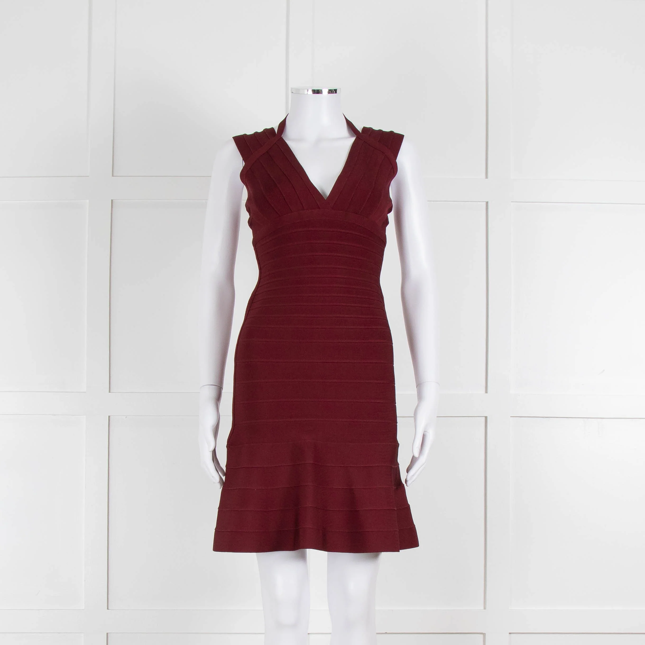 Herve Leger Burgundy Bandage Mini Dress with Flared Skirt