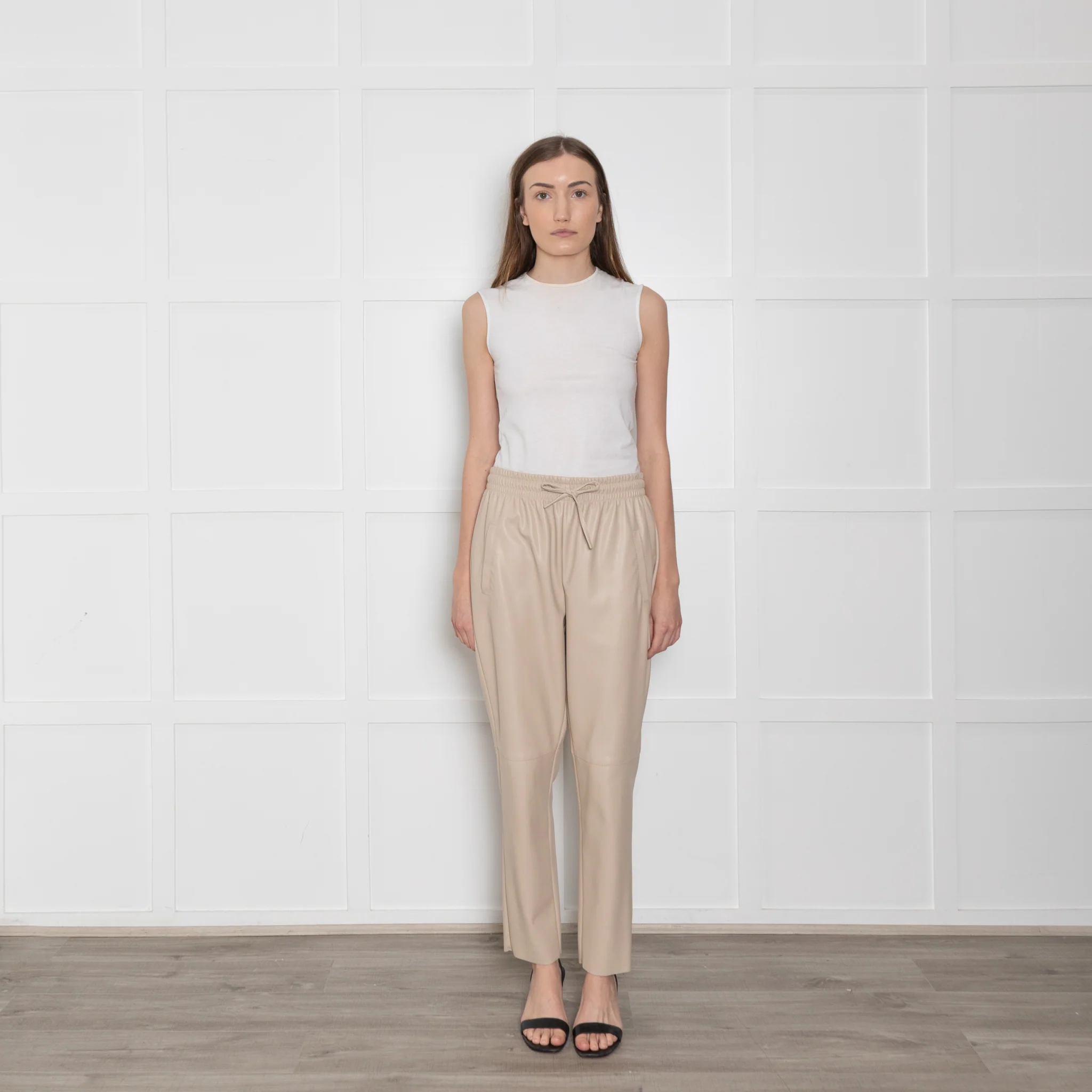 Herzen's Anglegenheit Cream Faux Leather Drawstring Waist Trouser