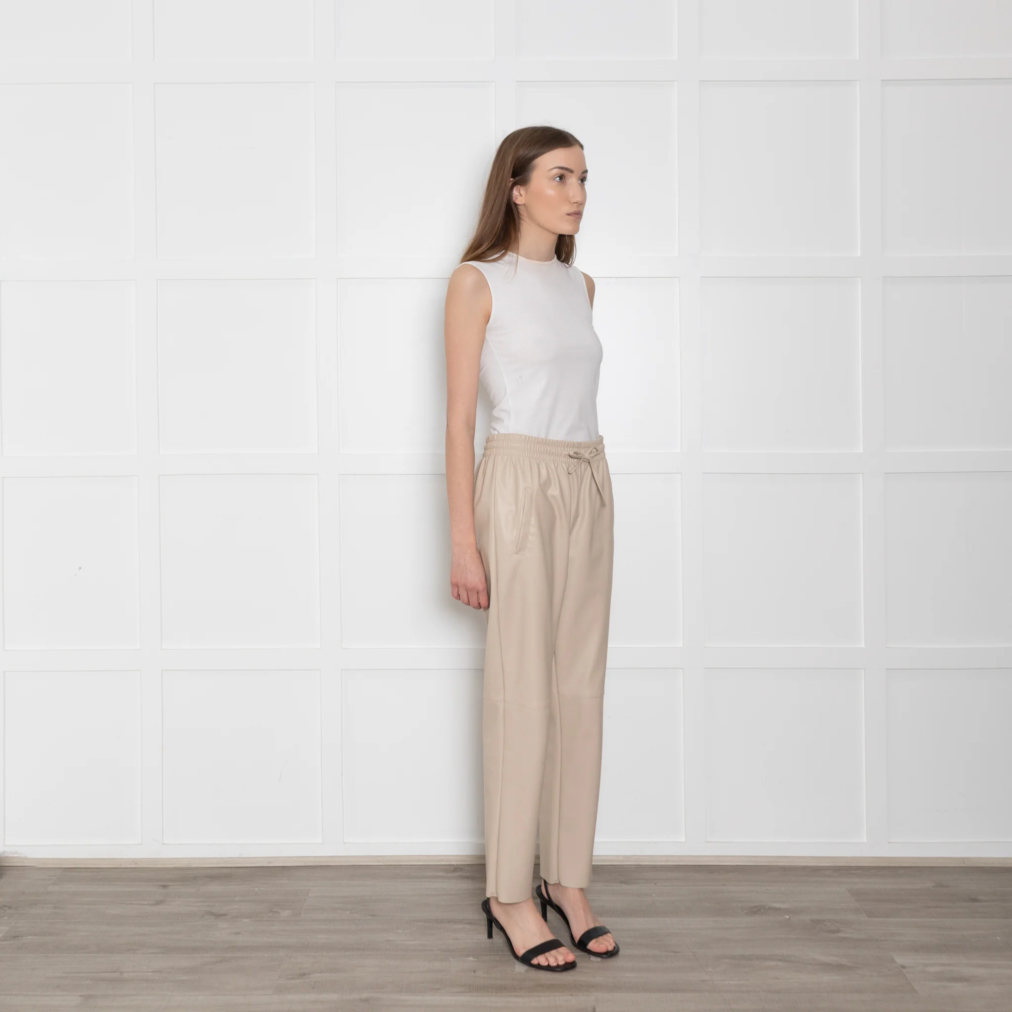Herzen's Anglegenheit Cream Faux Leather Drawstring Waist Trouser - Image 7