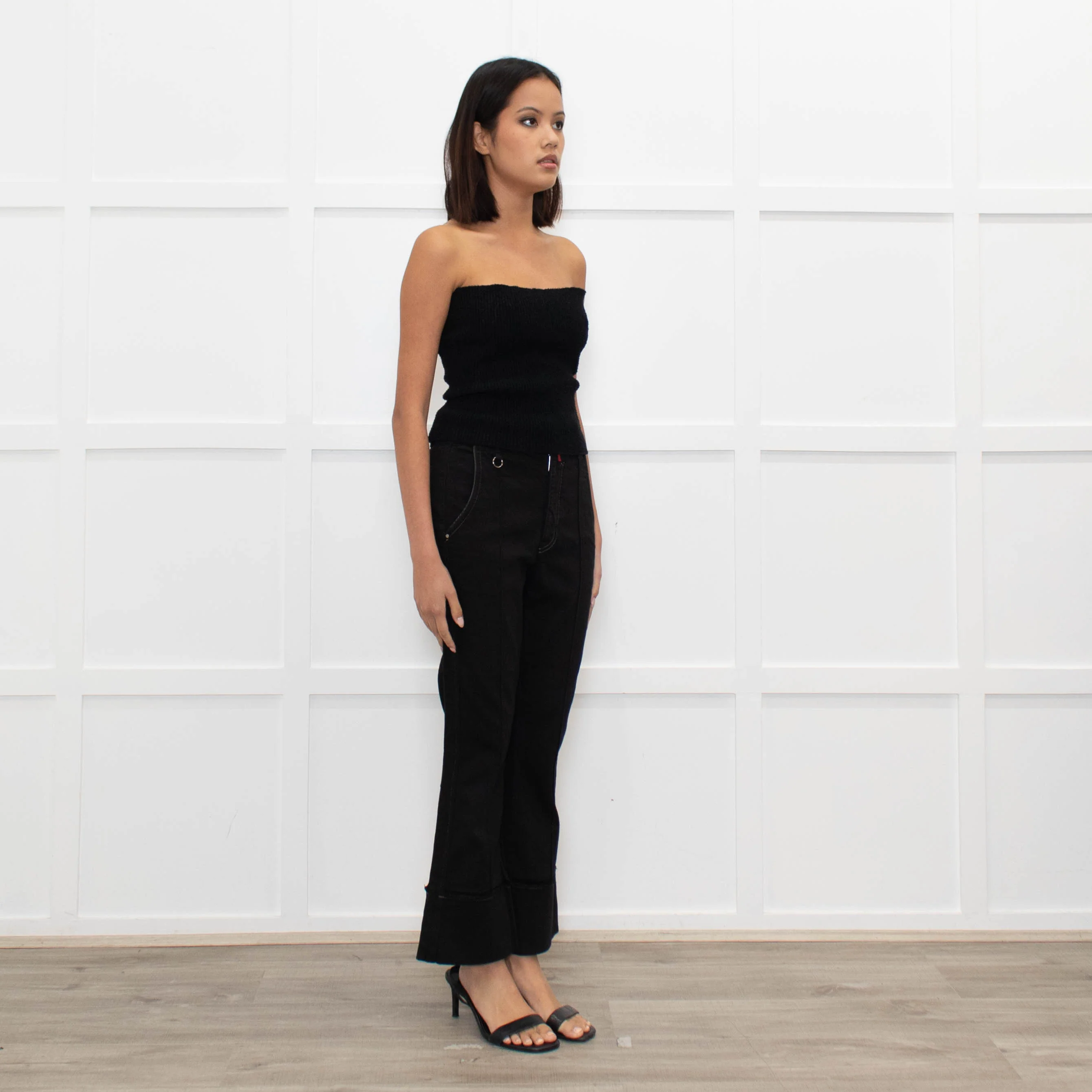 High Black Denim Flared Trousers - Image 3