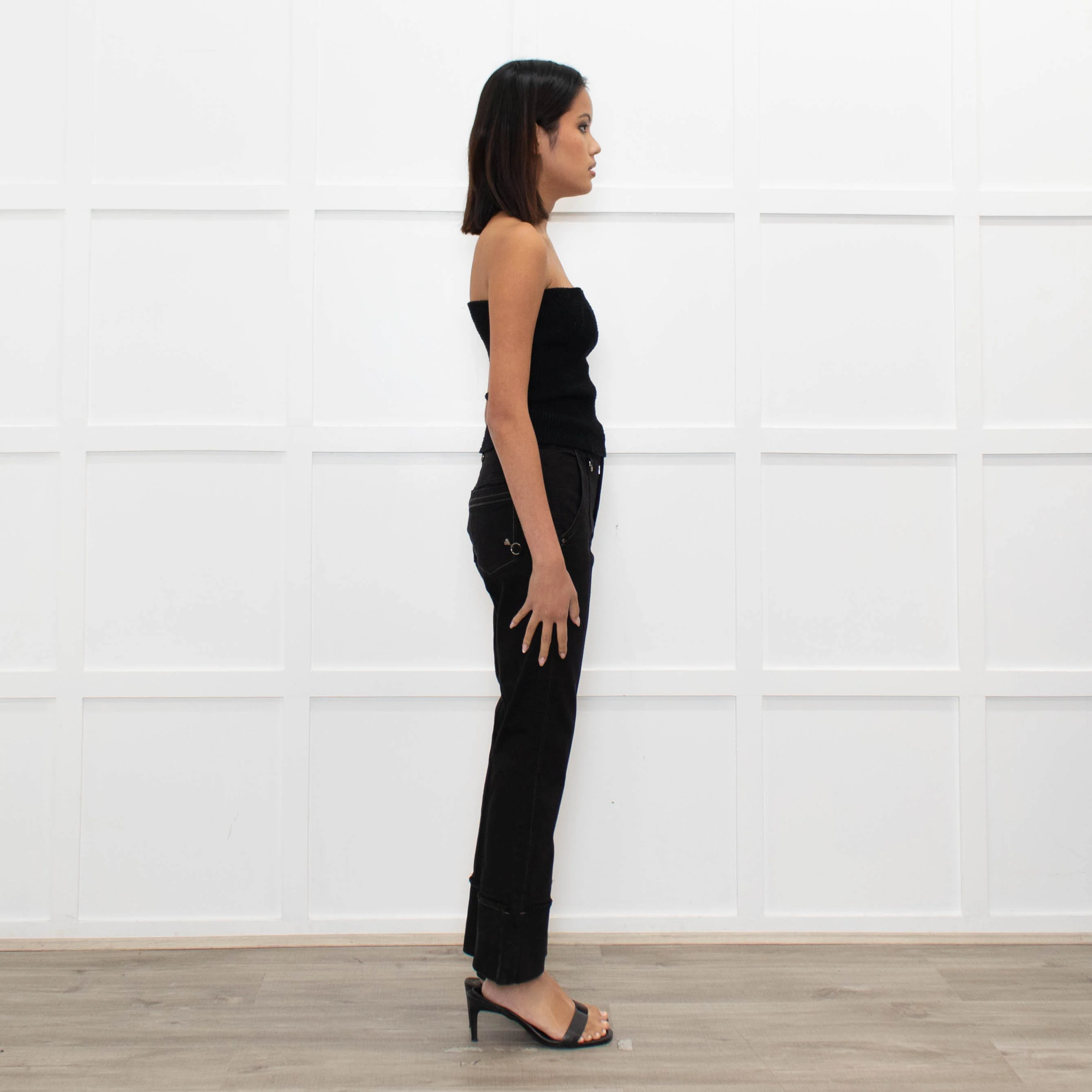 High Black Denim Flared Trousers - Image 4