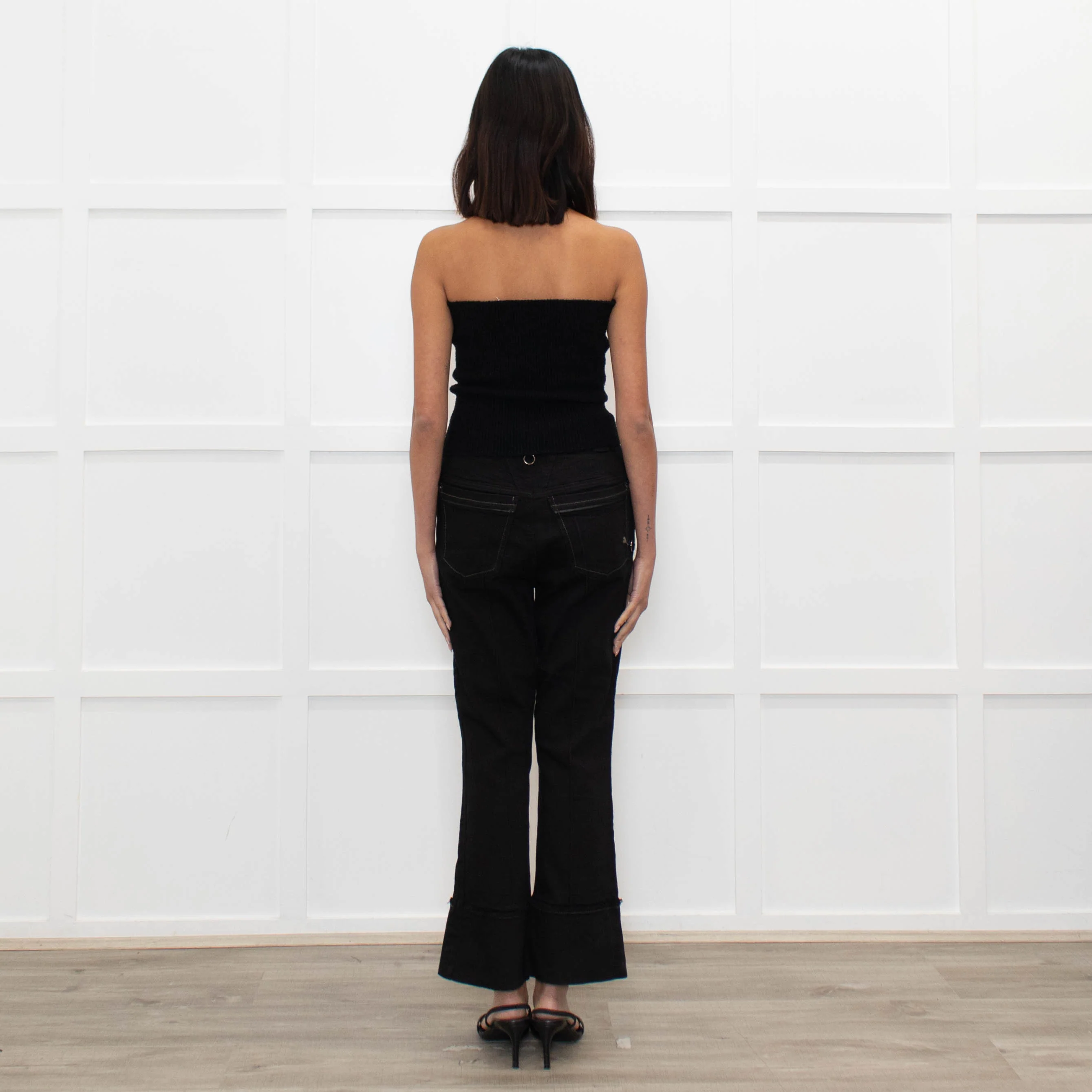 High Black Denim Flared Trousers - Image 5