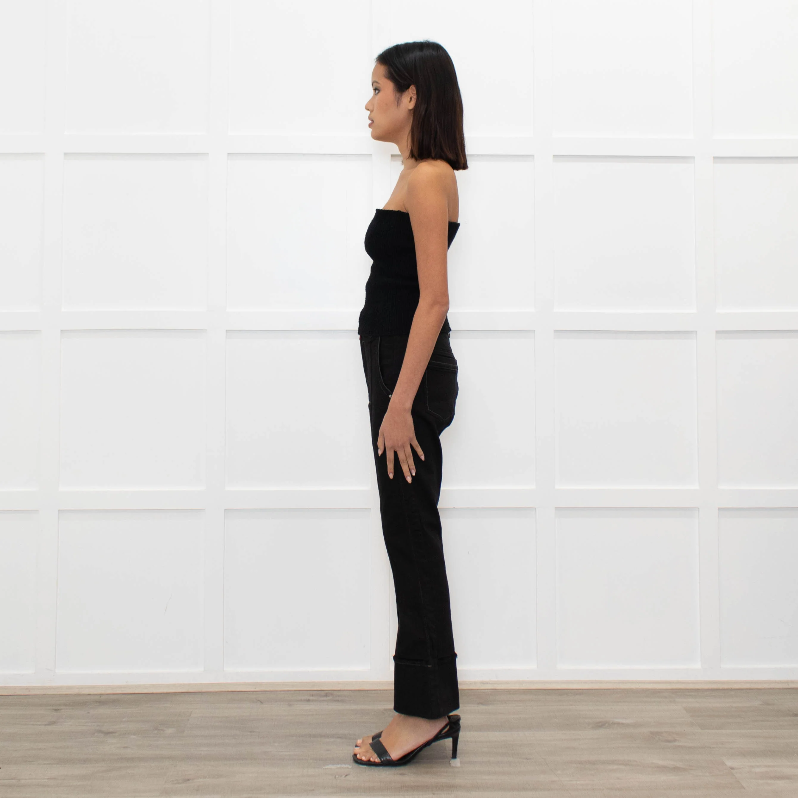 High Black Denim Flared Trousers - Image 6
