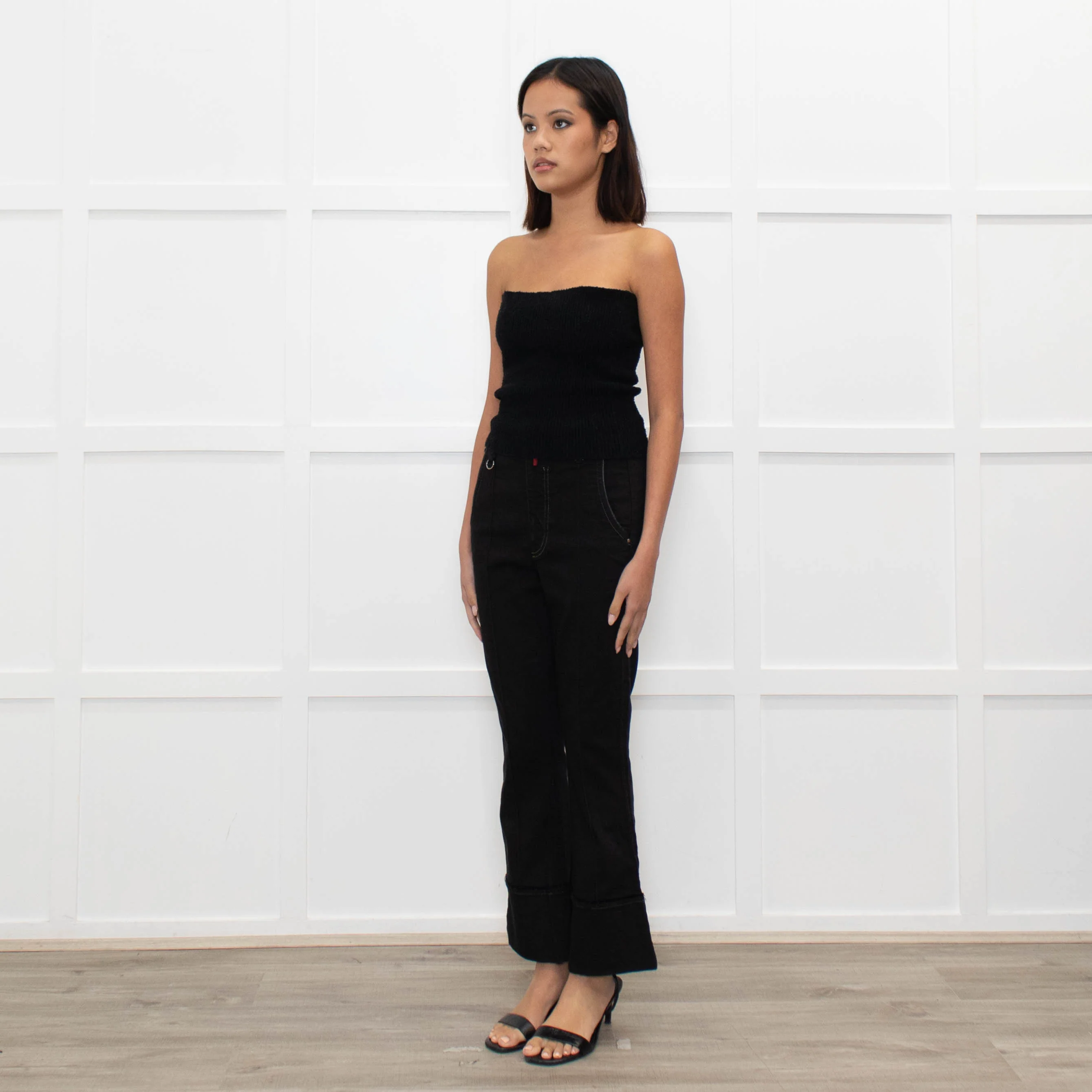 High Black Denim Flared Trousers - Image 7