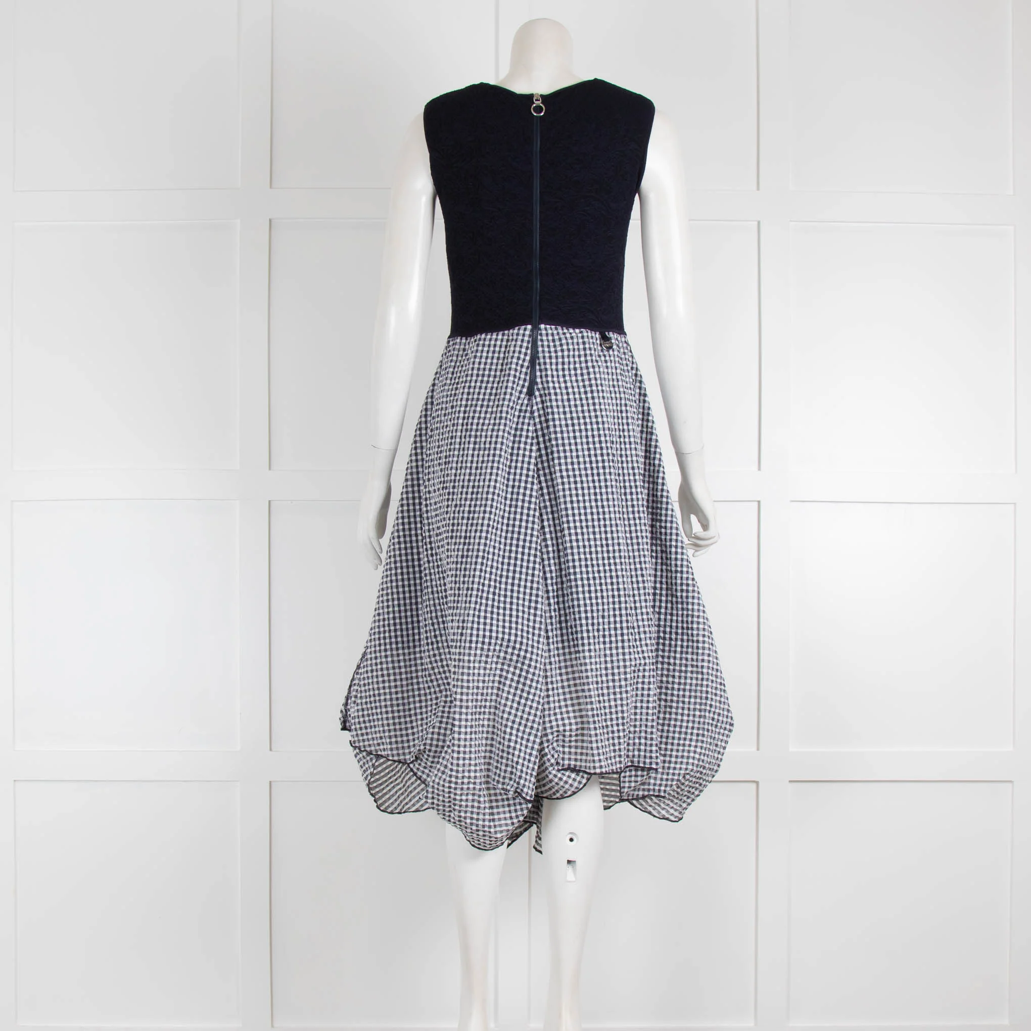 High Tech Navy Blue White Check Textured Fabric Sleeveless Dress - Image 3