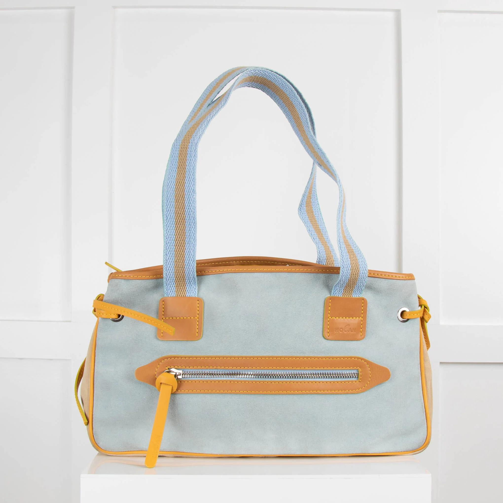 Hogan Pale Blue Beige Suede Mesh Front Handbag - Image 4