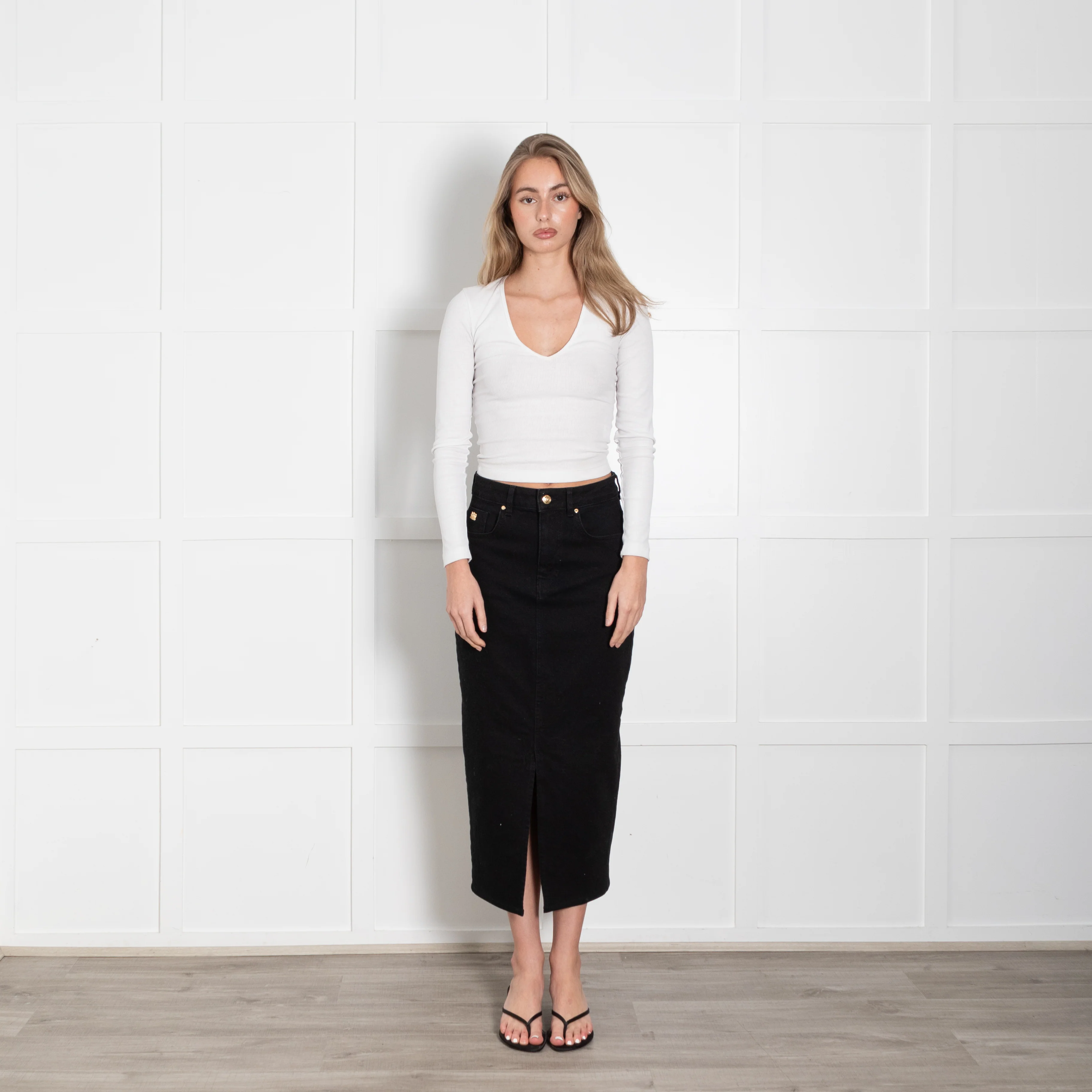 Holland Cooper Black Denim Pencil Midi Skirt With Split Front