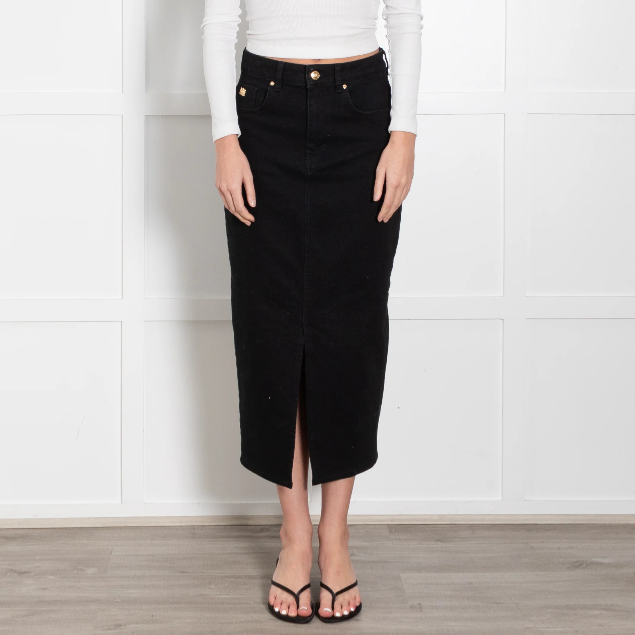 Holland Cooper Black Denim Pencil Midi Skirt With Split Front - Image 2