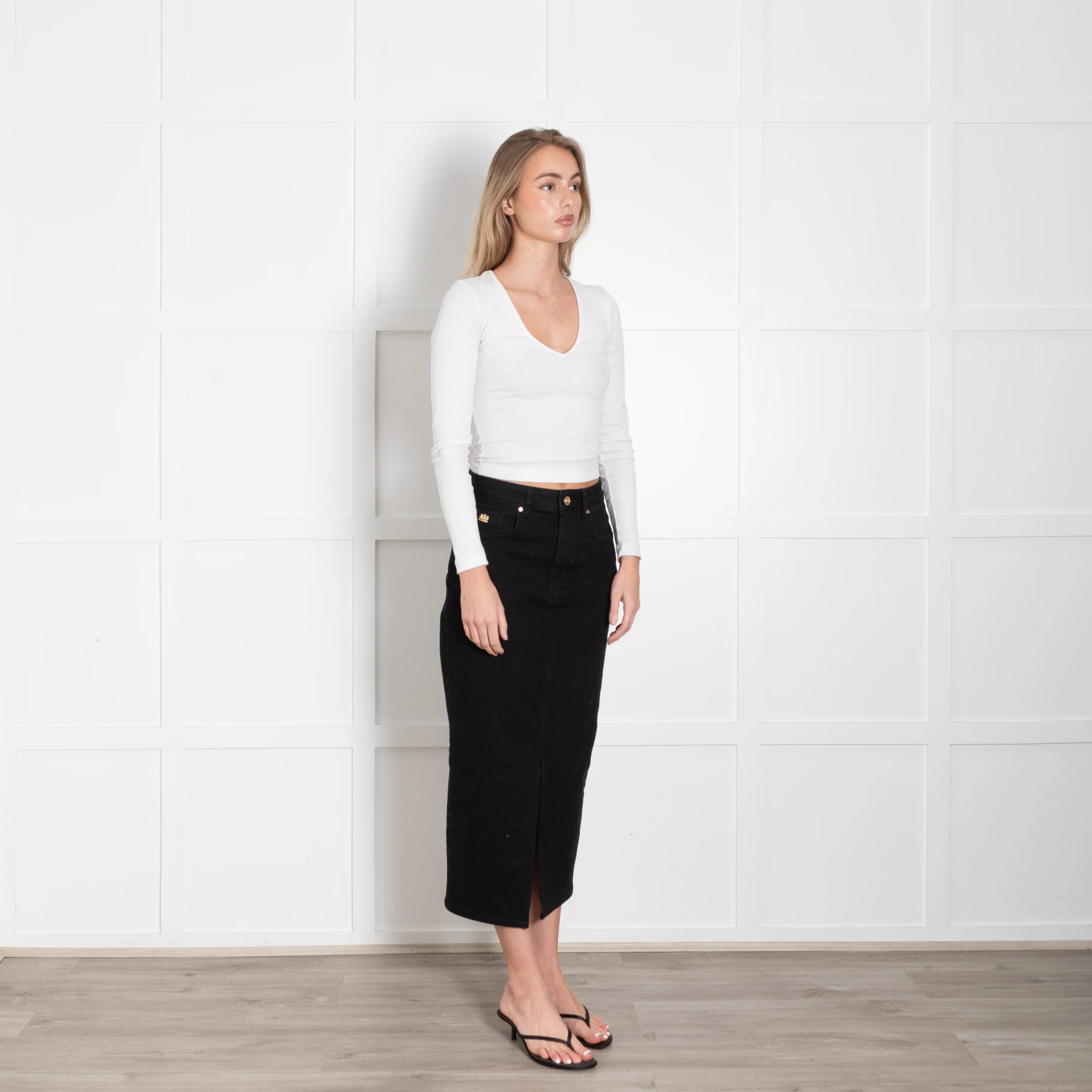 Holland Cooper Black Denim Pencil Midi Skirt With Split Front - Image 7