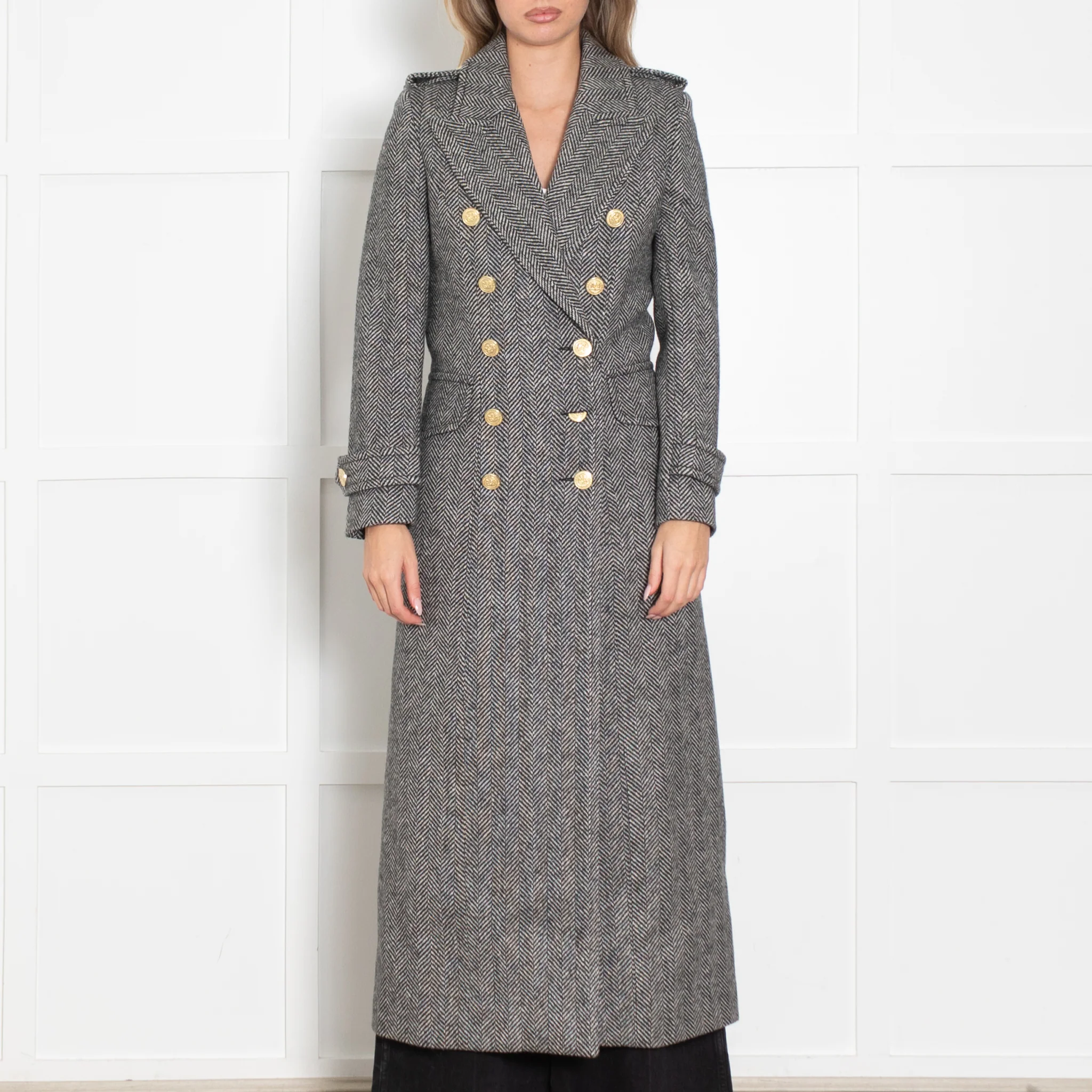 Holland Cooper Black Wide Tooth Herringbone Great Coat - Image 2