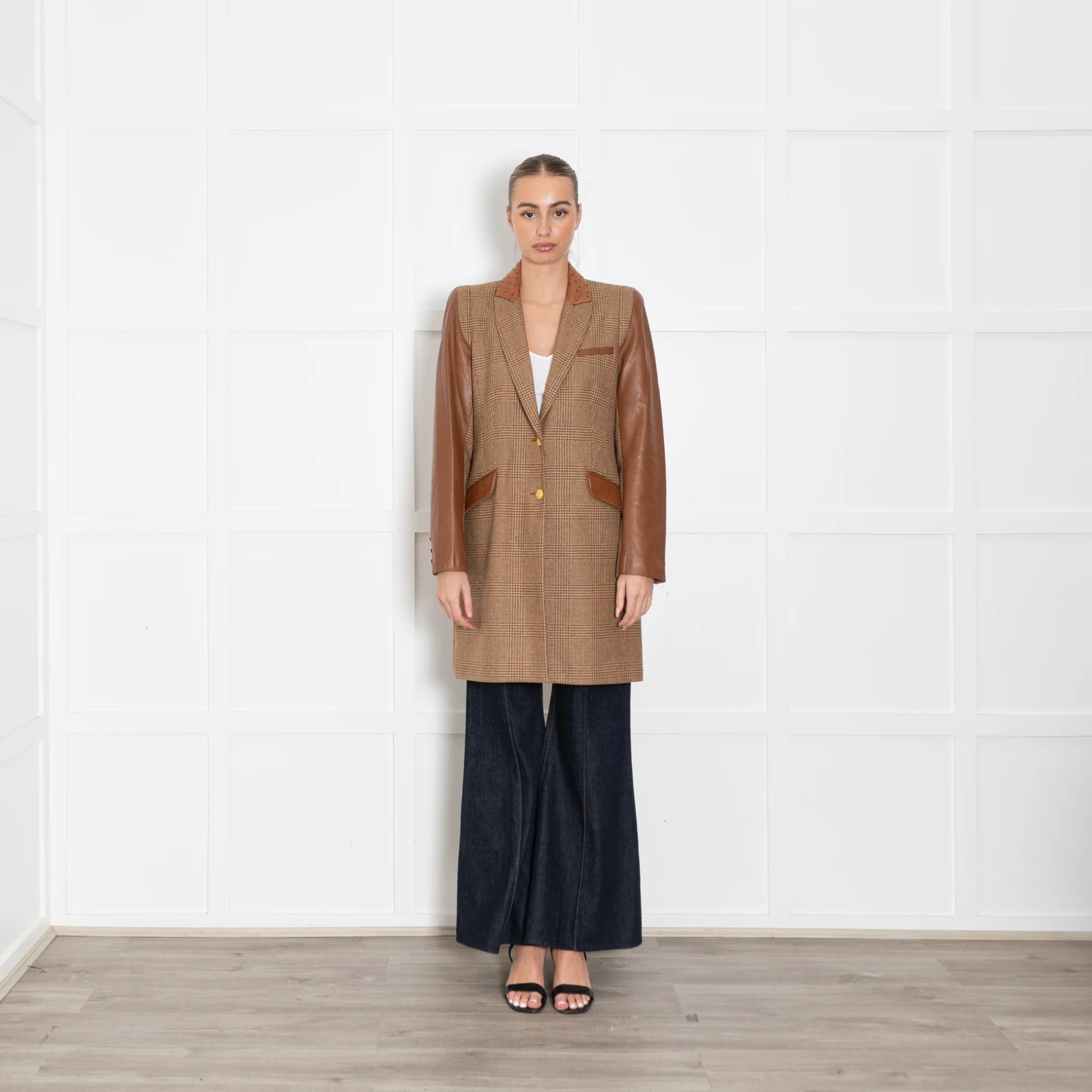 Holland Cooper Tweed Coat With Leather Sleeves, Collar & Pockets