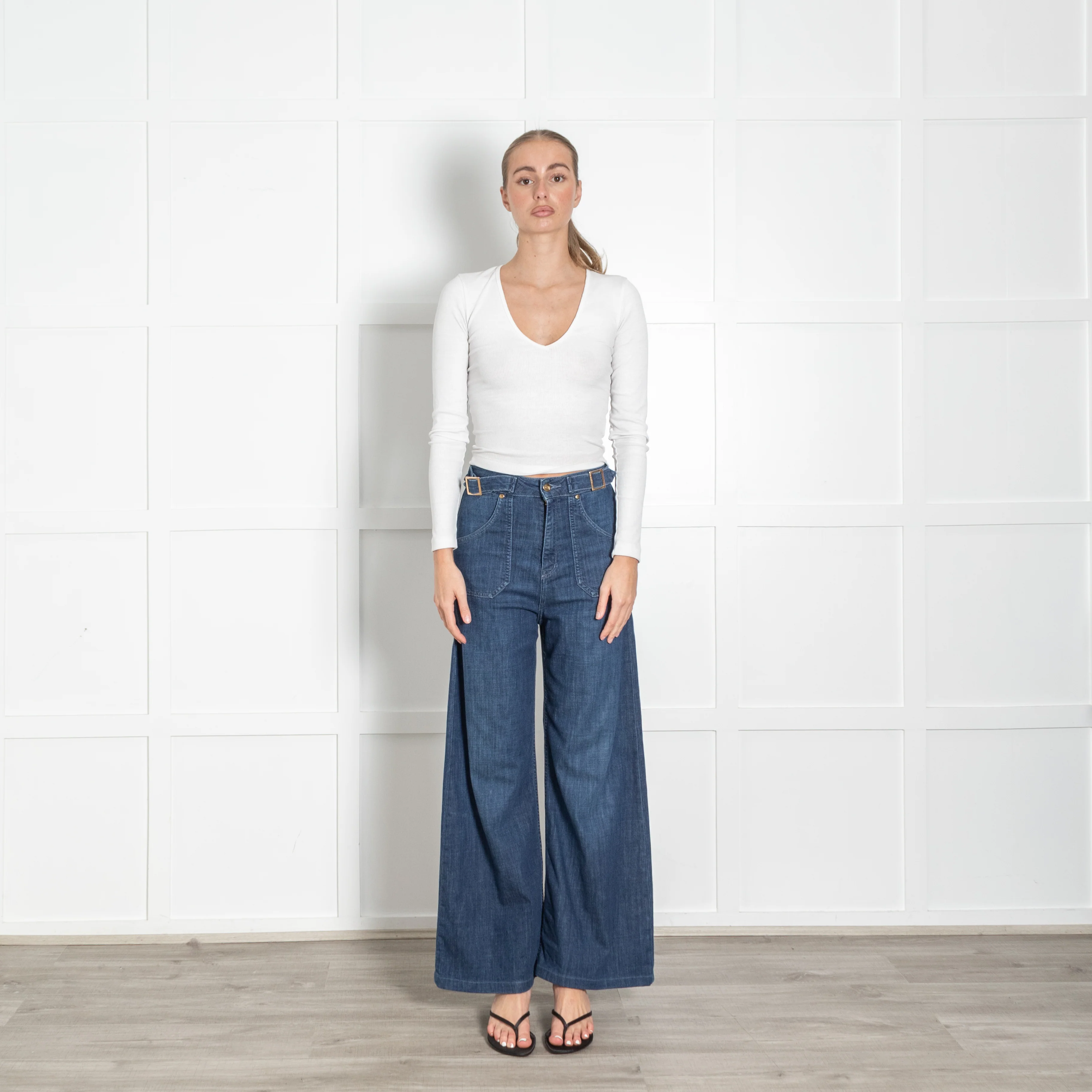 Ida Blue High Waisted Front Pocket Detail Wide Leg Jeans