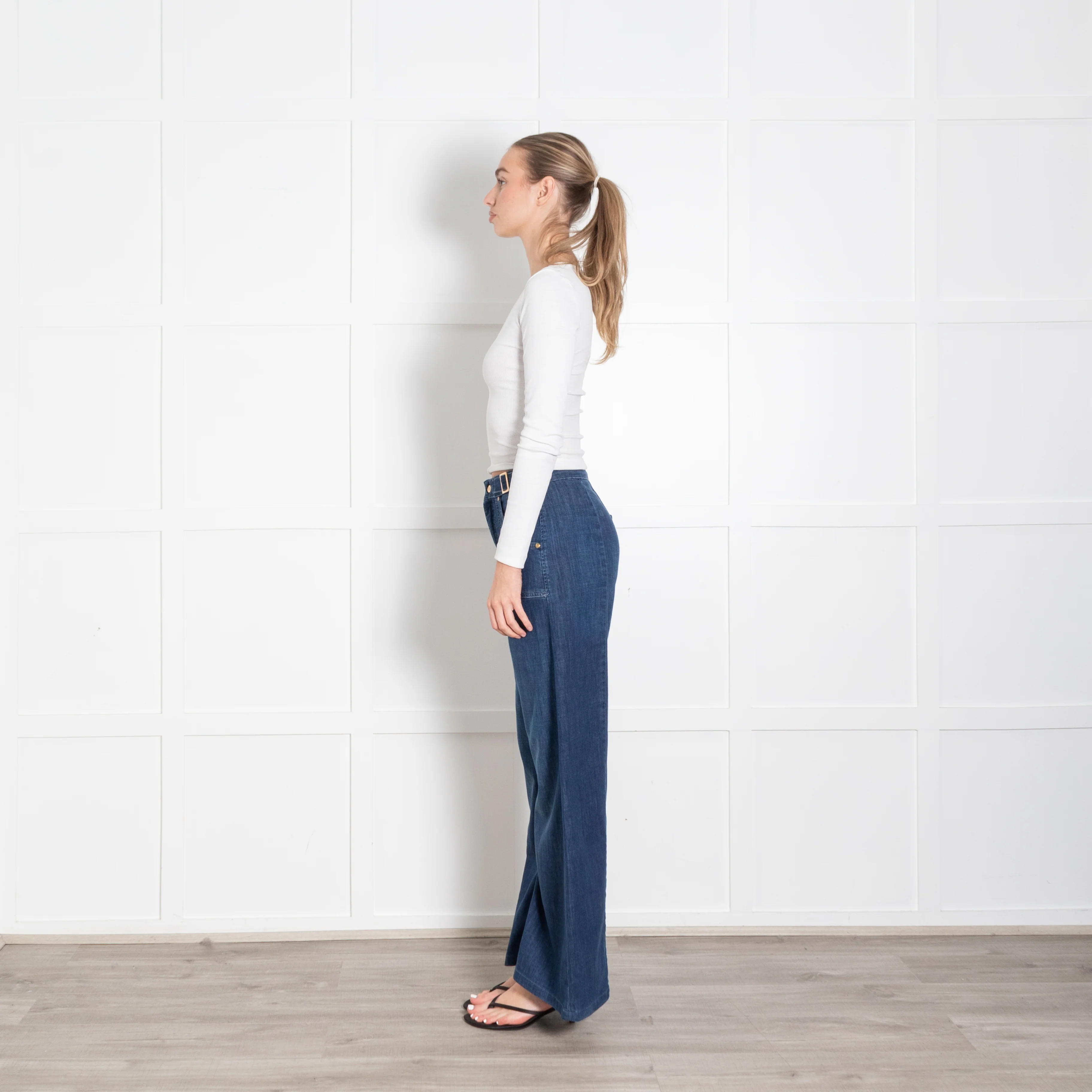 Ida Blue High Waisted Front Pocket Detail Wide Leg Jeans - Image 4