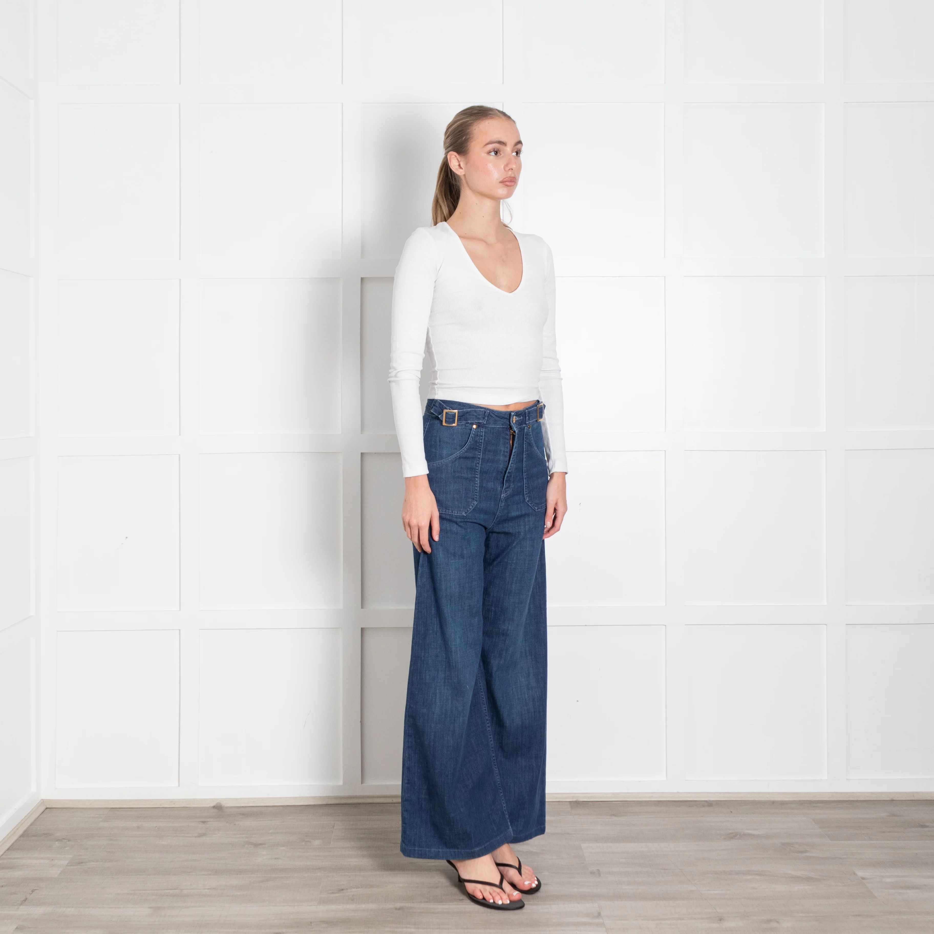 Ida Blue High Waisted Front Pocket Detail Wide Leg Jeans - Image 7
