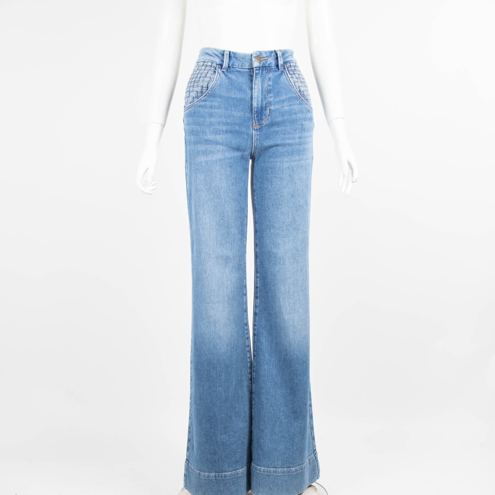 Ida Blue Woven Detailed Pocket Flared Jeans