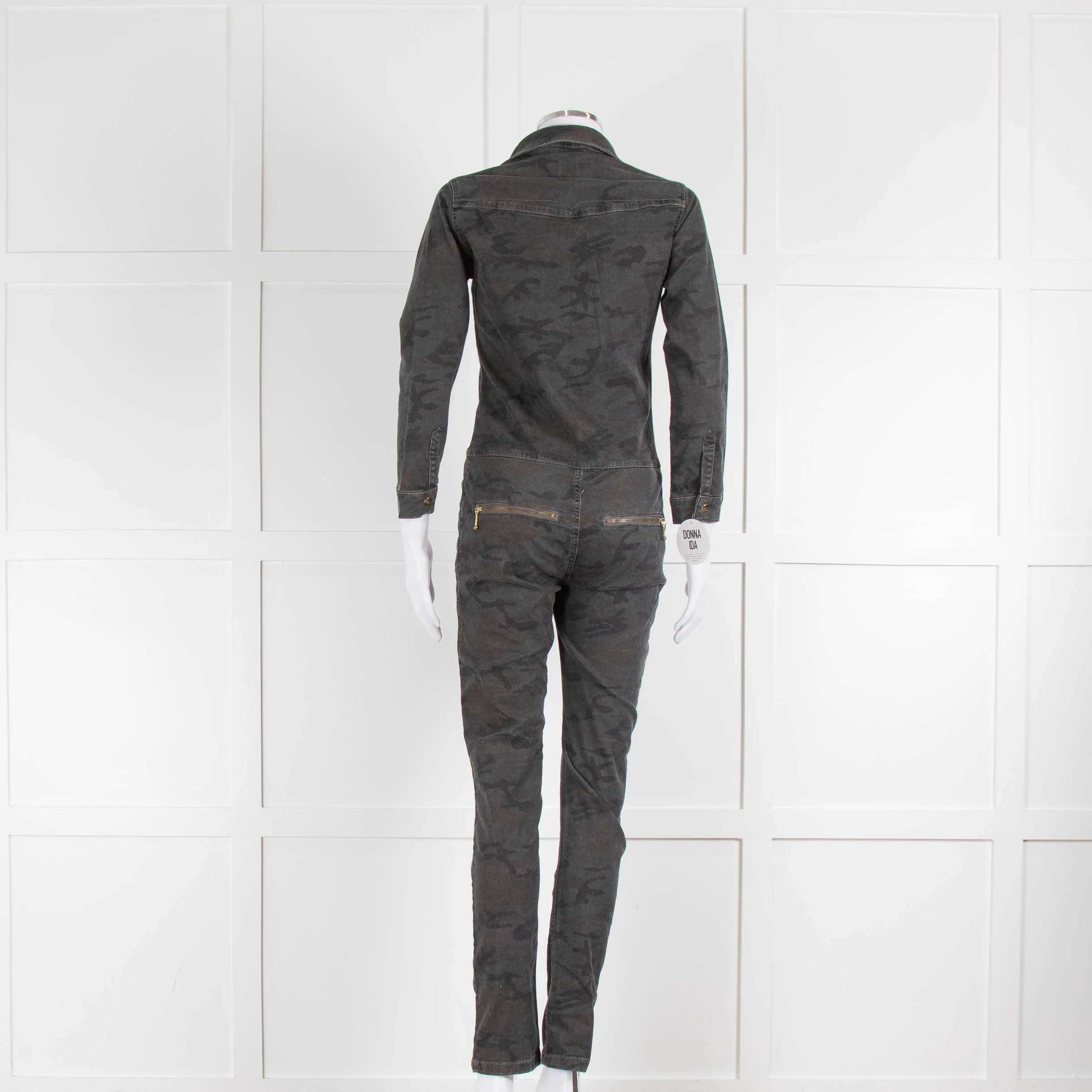 Donna Ida Grey Khaki Gold Zip Camouflage Jumpsuit - Image 3