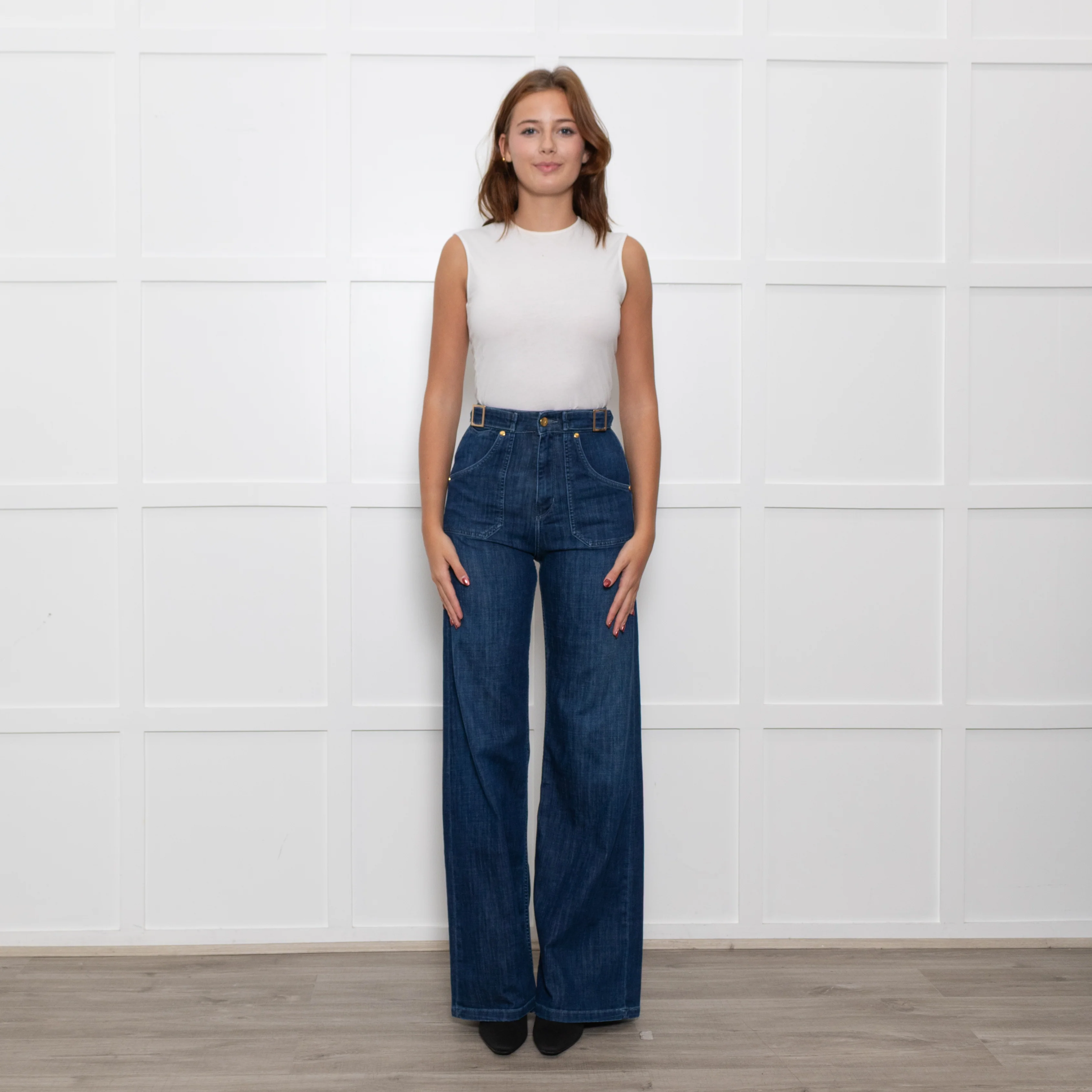 Ida High Waisted Front Pocket Buckle Wide Leg Blue Jeans