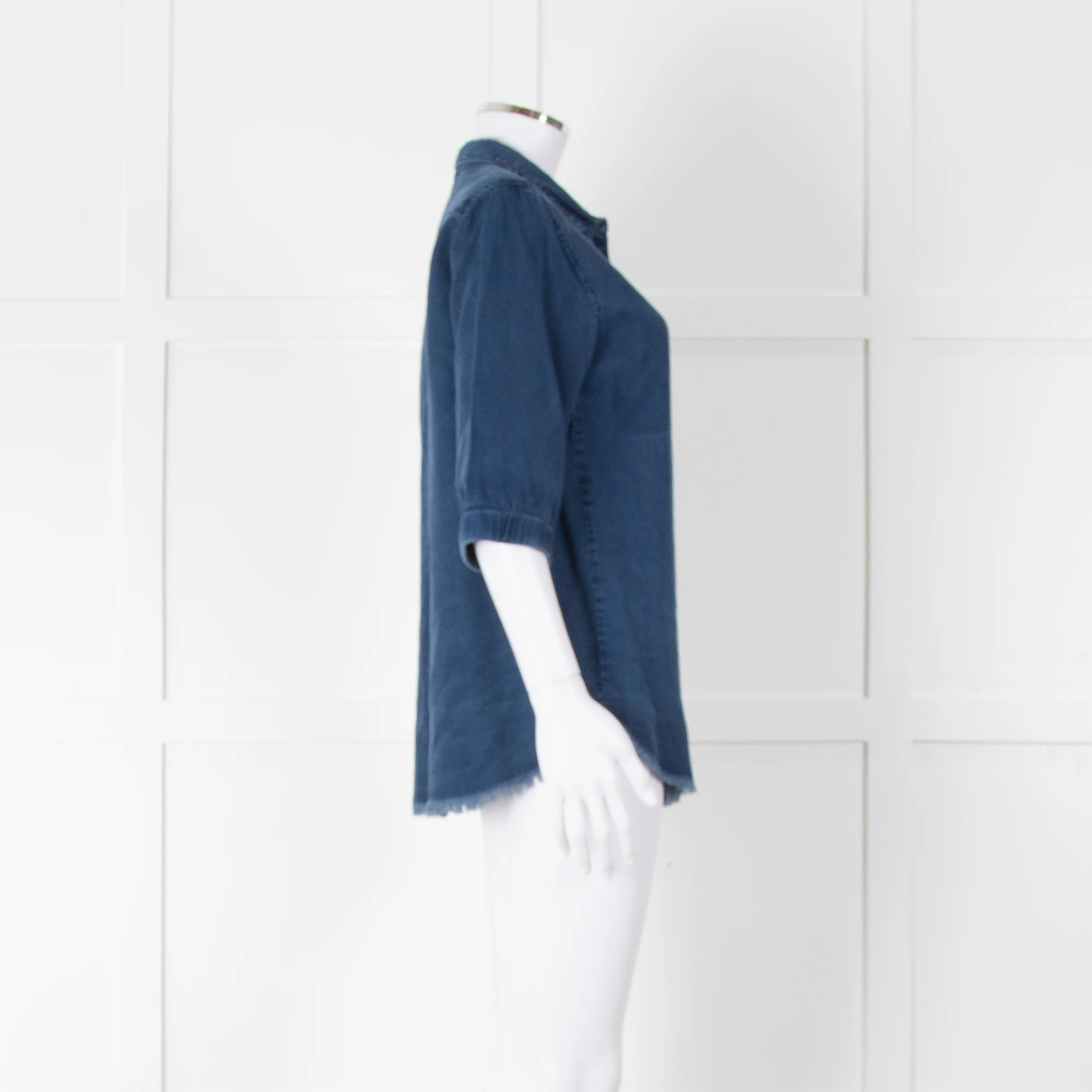 Ikks Blue Denim Frayed Hem 3/4 Sleeve Shirt - Image 3