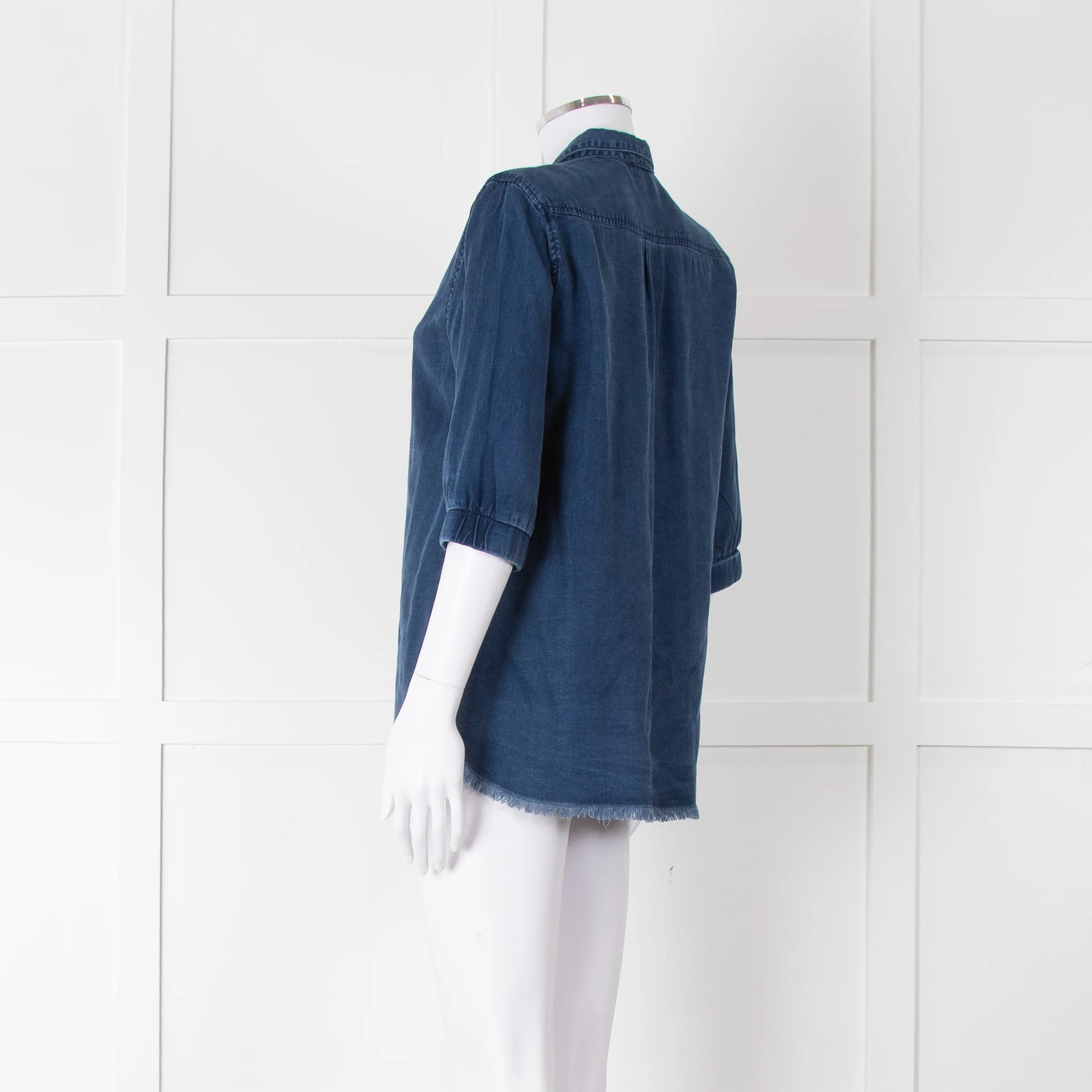 Ikks Blue Denim Frayed Hem 3/4 Sleeve Shirt - Image 6