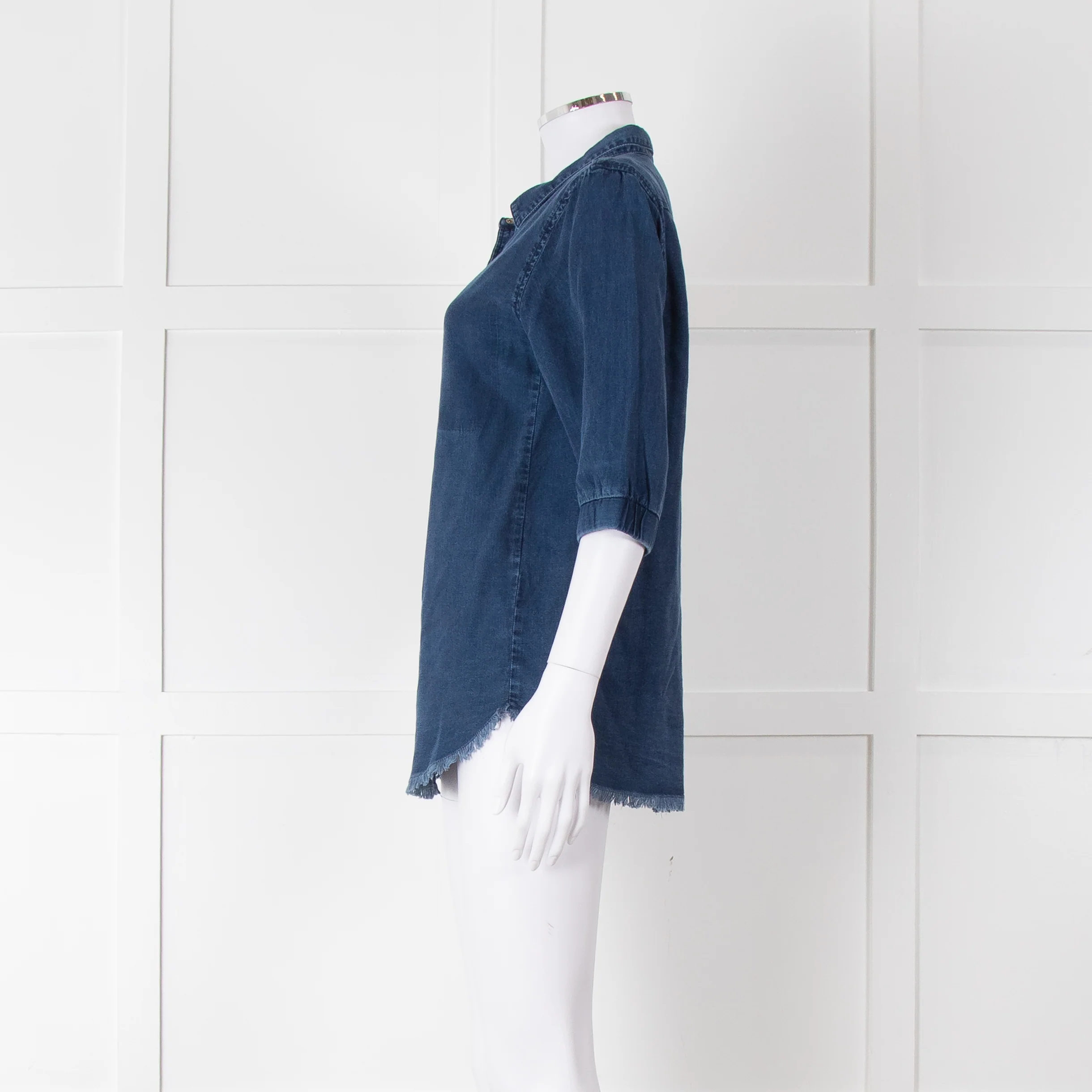 Ikks Blue Denim Frayed Hem 3/4 Sleeve Shirt - Image 7