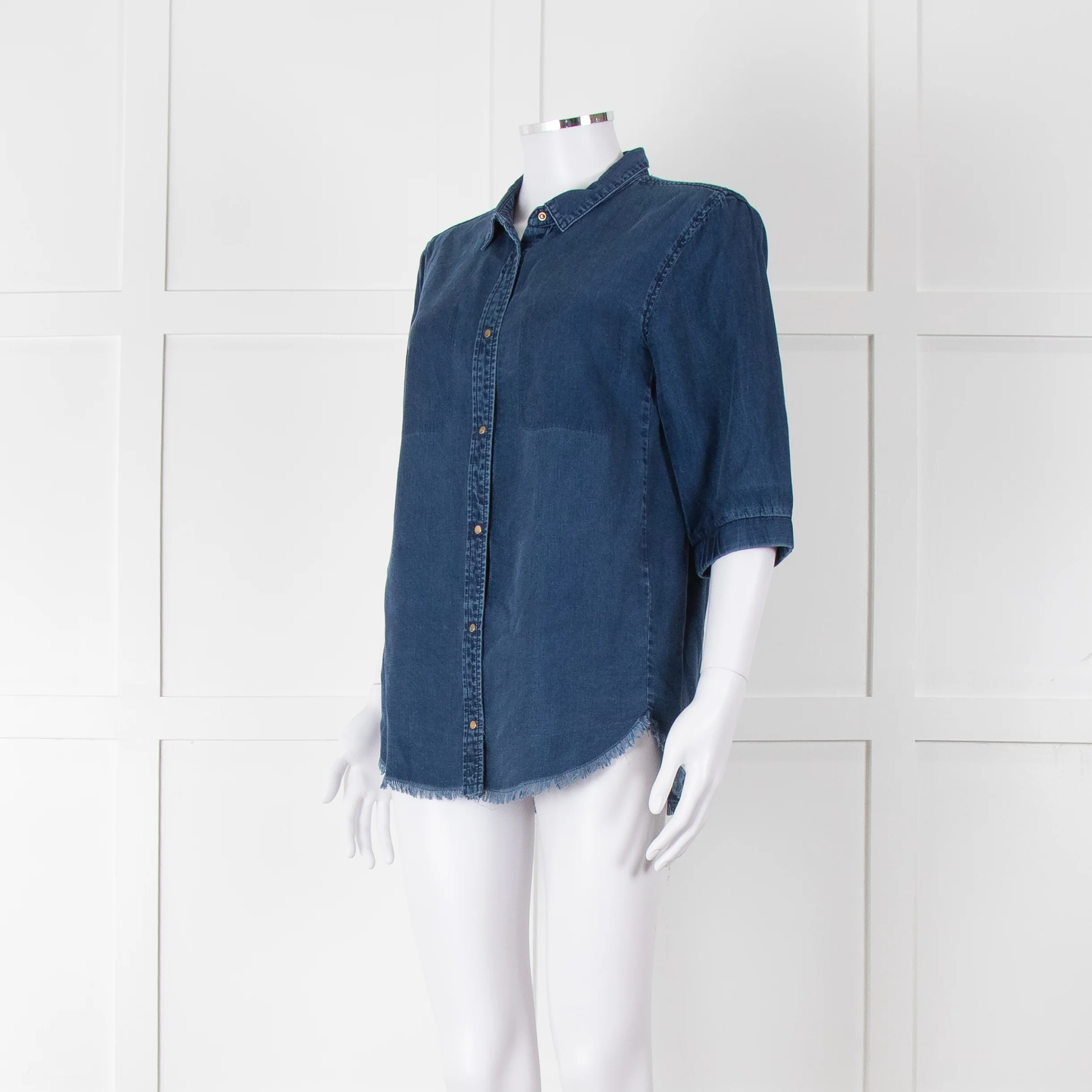 Ikks Blue Denim Frayed Hem 3/4 Sleeve Shirt - Image 8