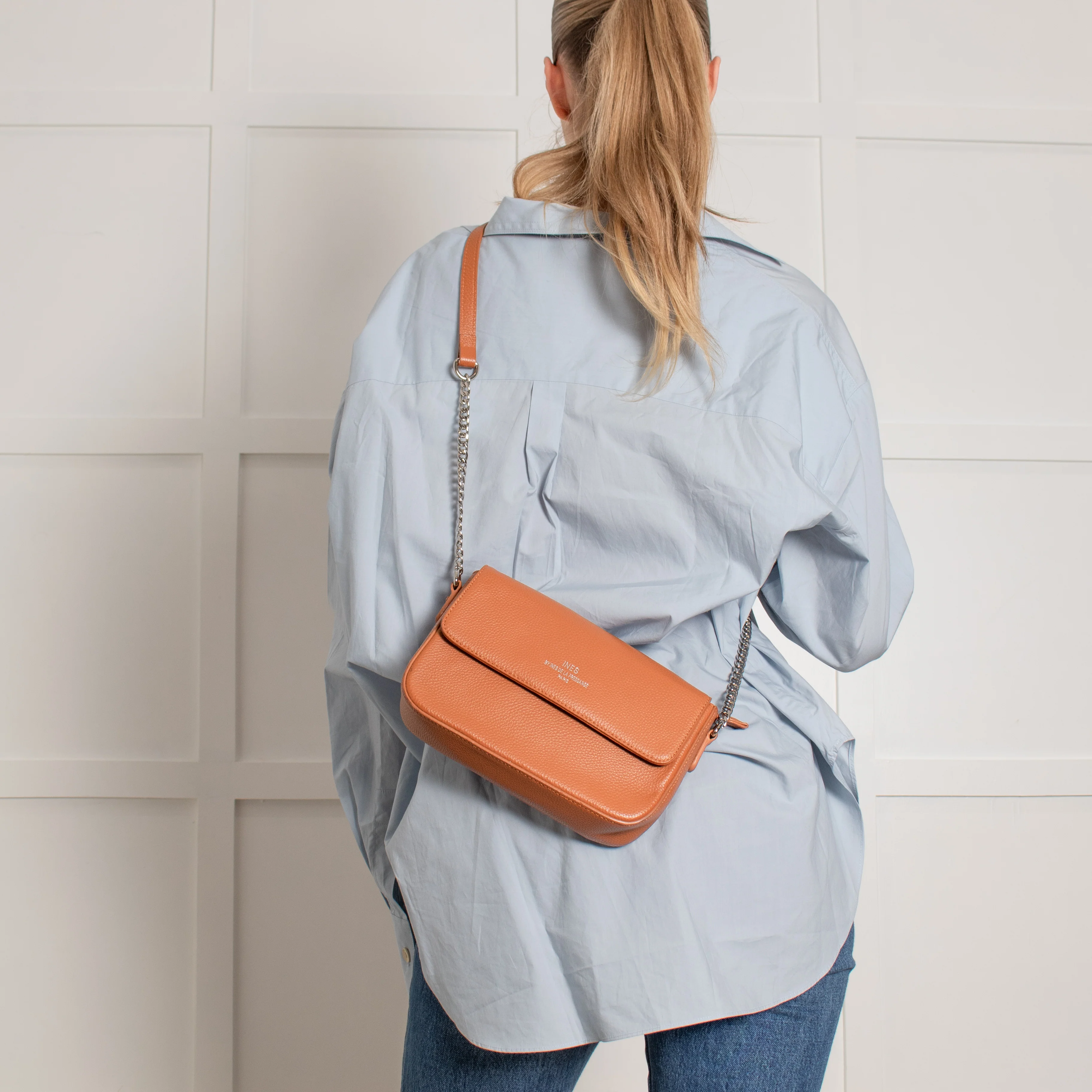 Ines De La Fressange Tan Grainy Leather Crossbody Bag - Image 4