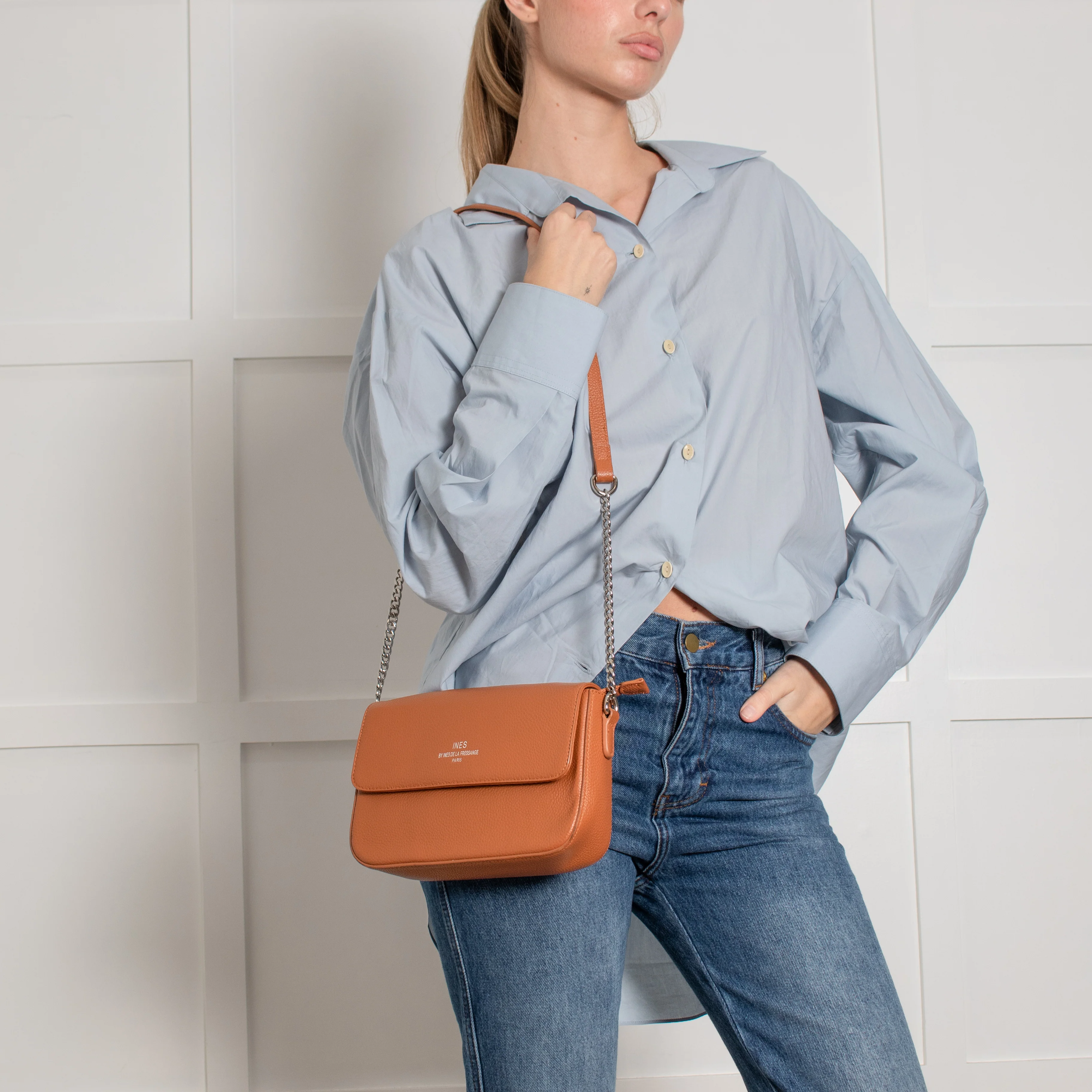 Ines De La Fressange Tan Grainy Leather Crossbody Bag - Image 6