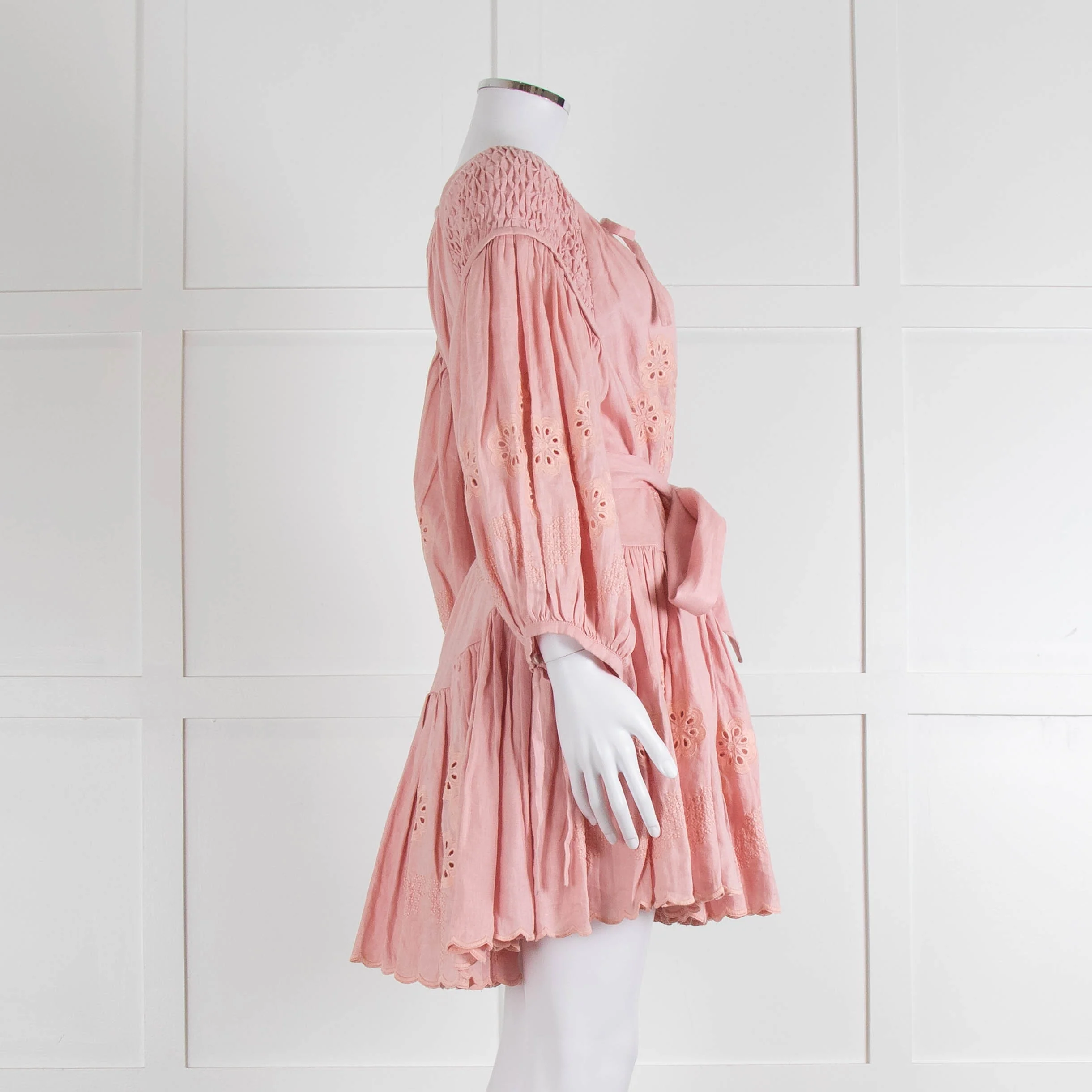 Innika Choo Peach Embroidered Mini Belted Linen Dress - Image 3
