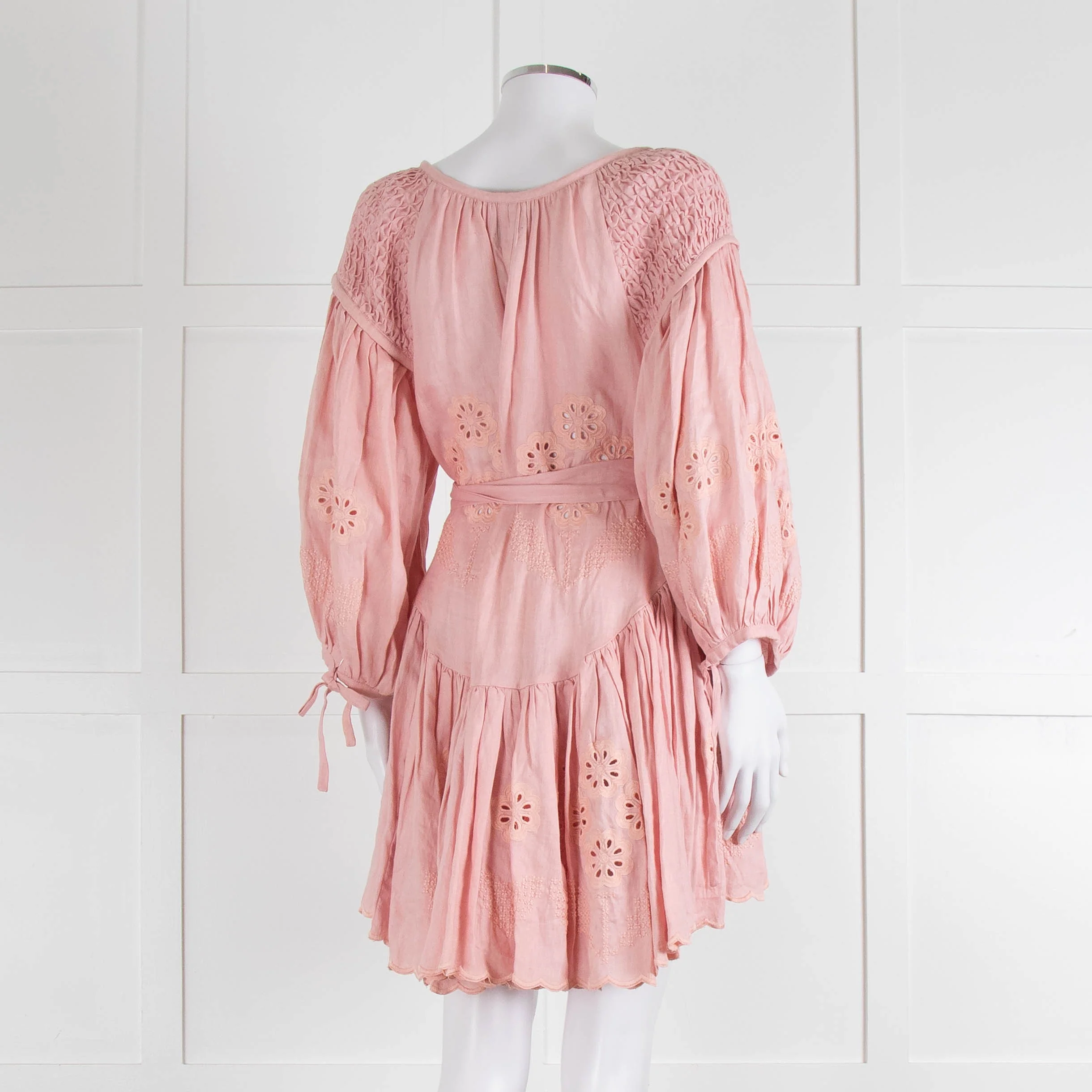 Innika Choo Peach Embroidered Mini Belted Linen Dress - Image 4