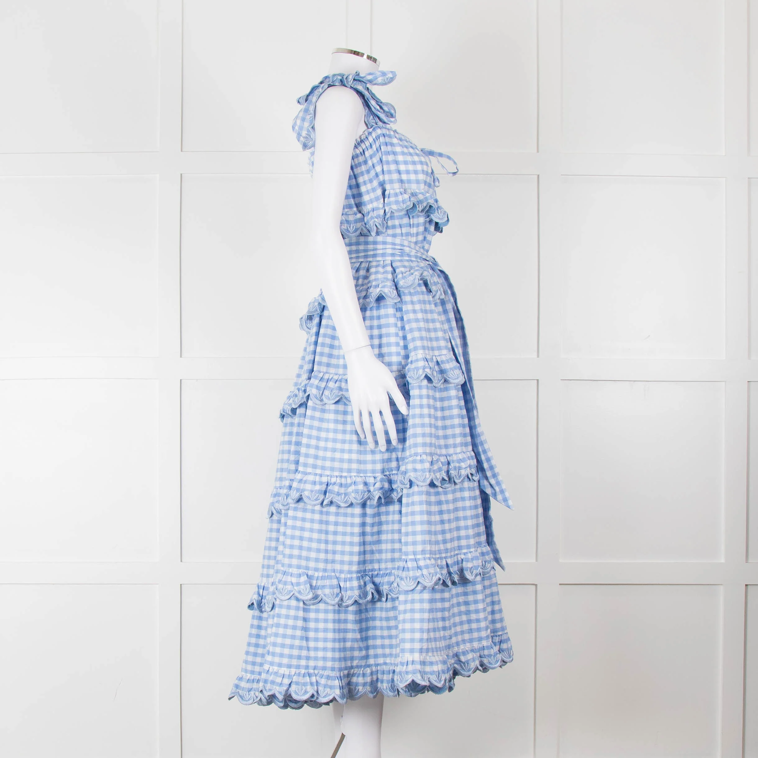 Innika Choo White Blue Gingham Check Sleeveless Tiered Maxi Dress - Image 3