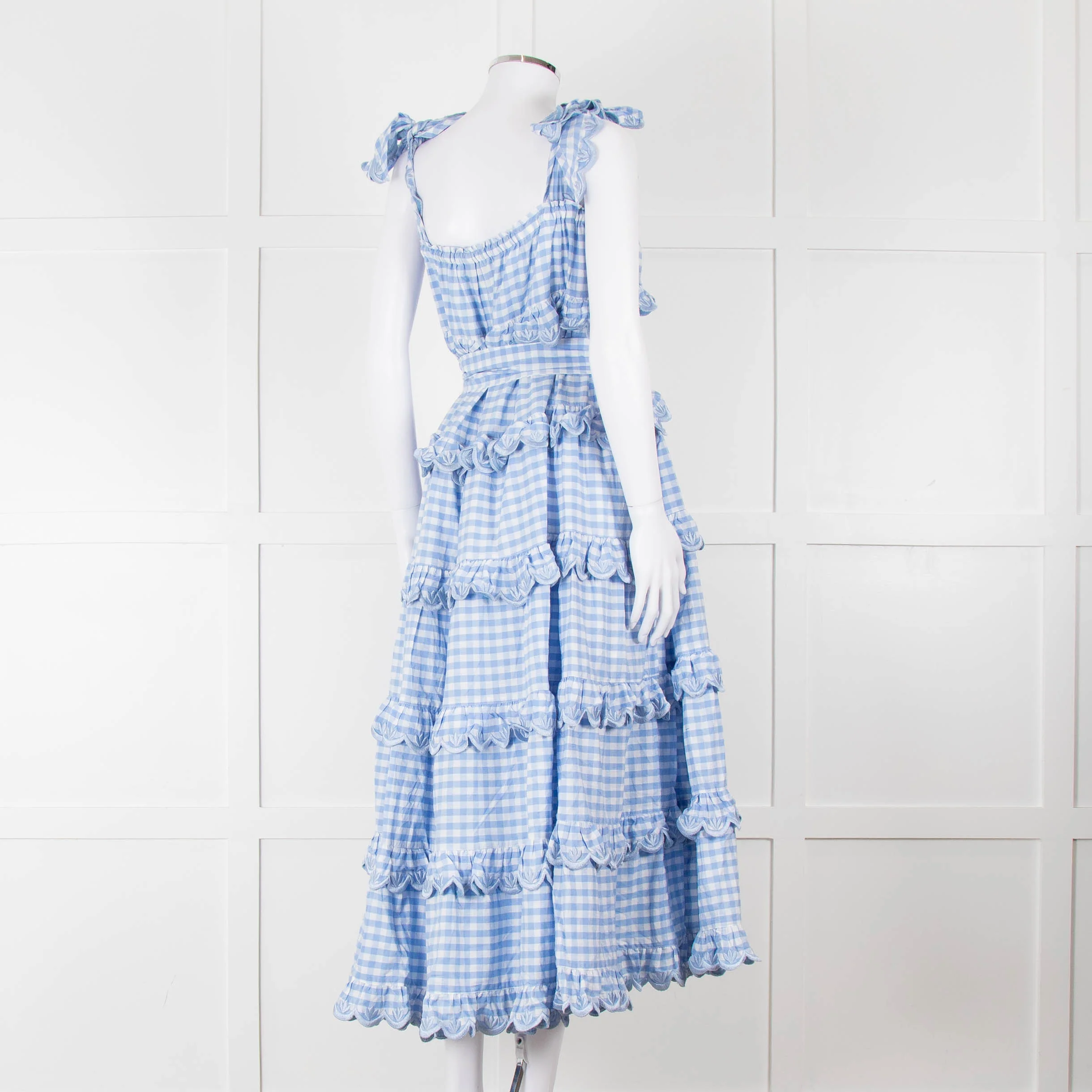 Innika Choo White Blue Gingham Check Sleeveless Tiered Maxi Dress - Image 4