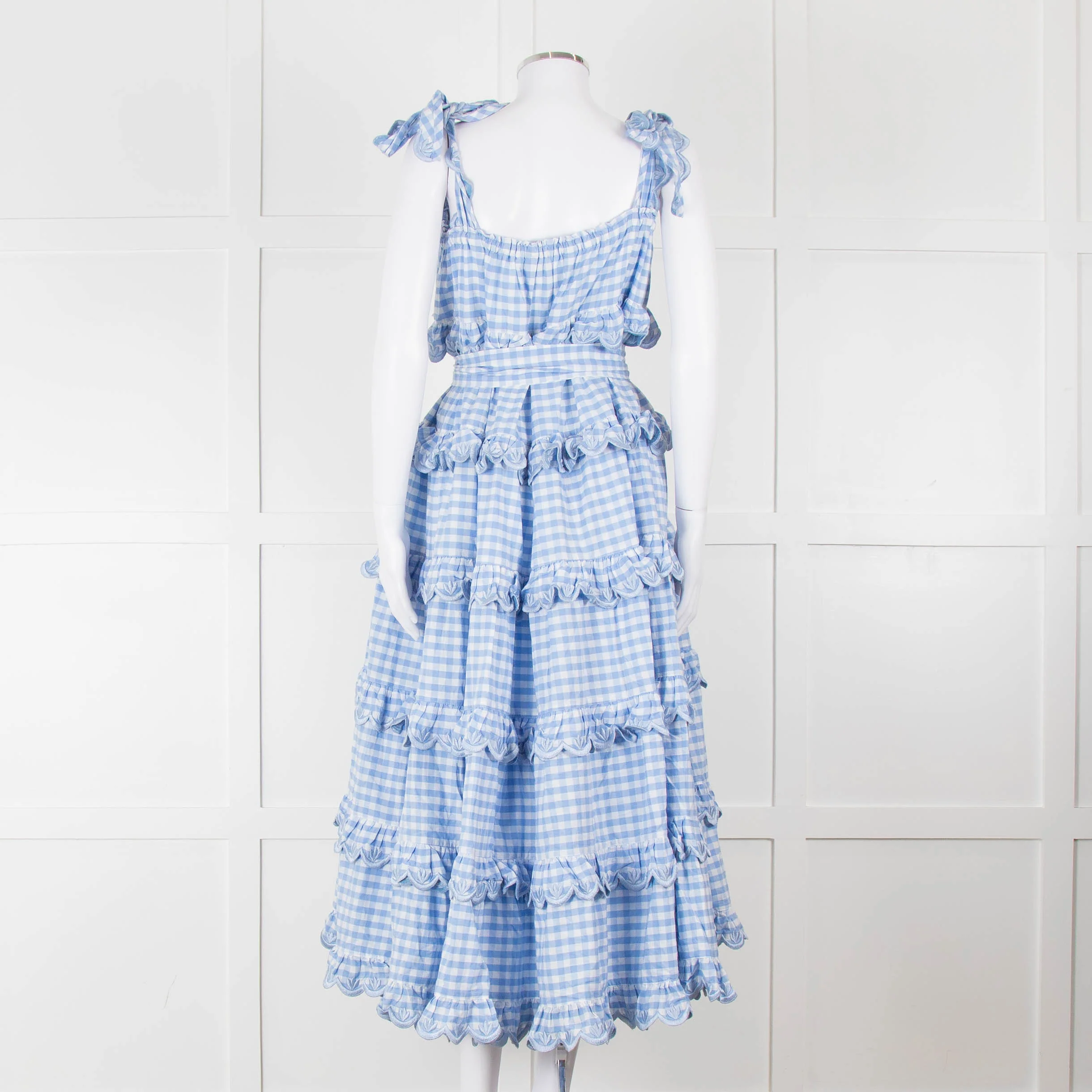 Innika Choo White Blue Gingham Check Sleeveless Tiered Maxi Dress - Image 5