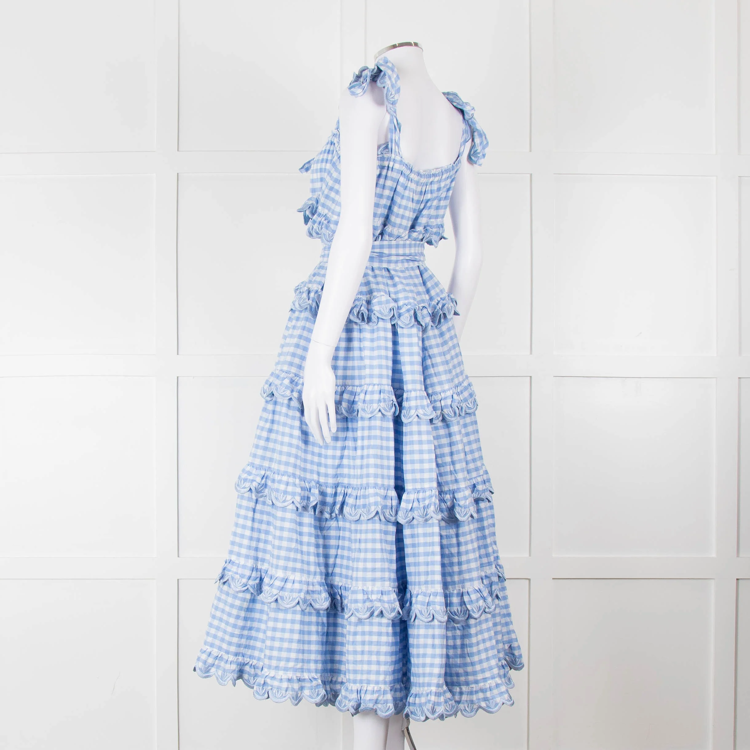 Innika Choo White Blue Gingham Check Sleeveless Tiered Maxi Dress - Image 6