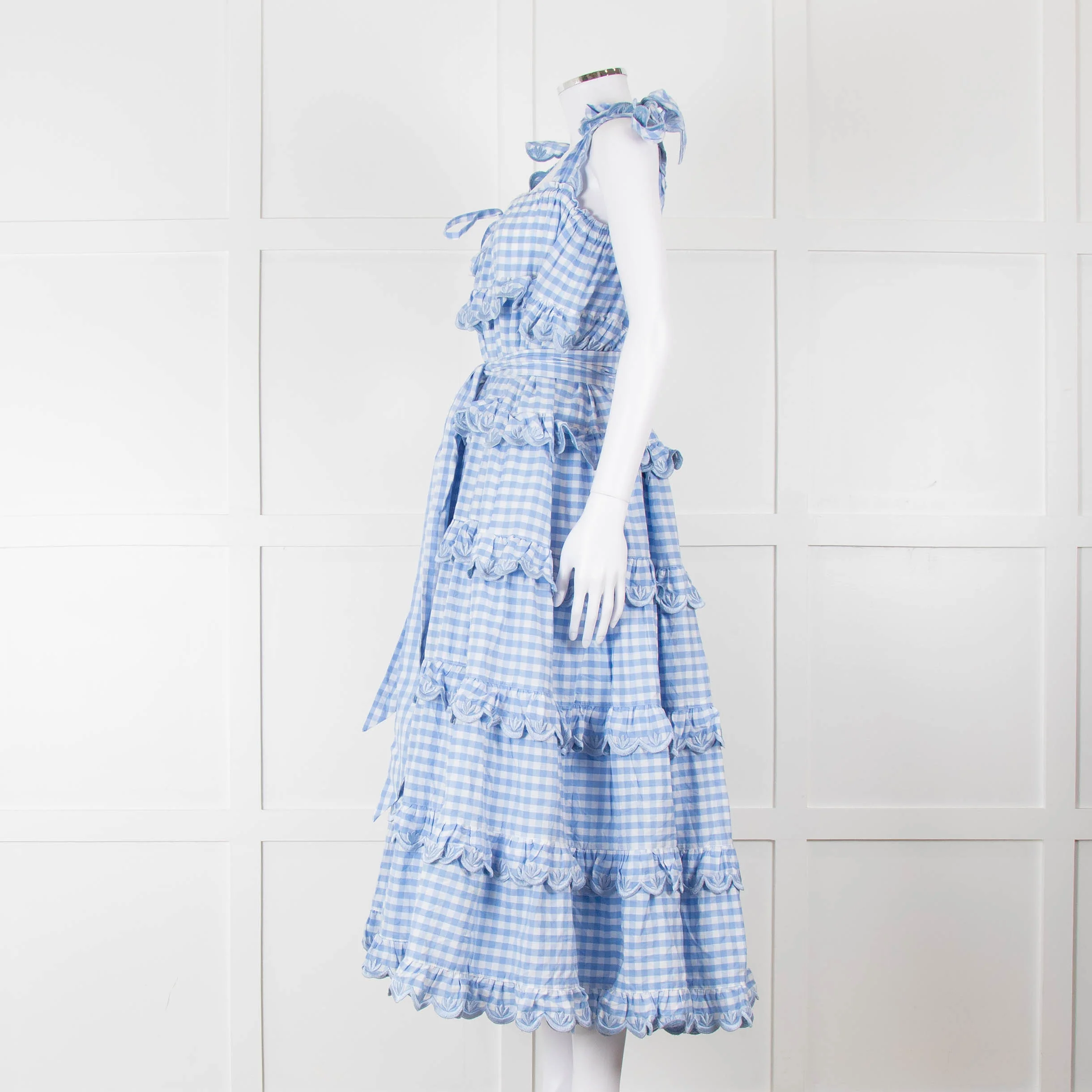 Innika Choo White Blue Gingham Check Sleeveless Tiered Maxi Dress - Image 7
