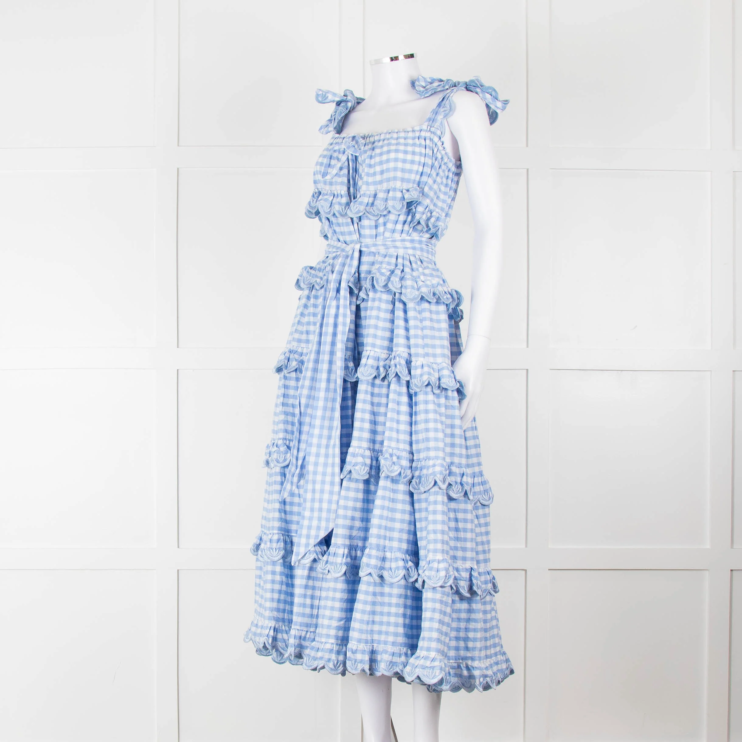 Innika Choo White Blue Gingham Check Sleeveless Tiered Maxi Dress - Image 8