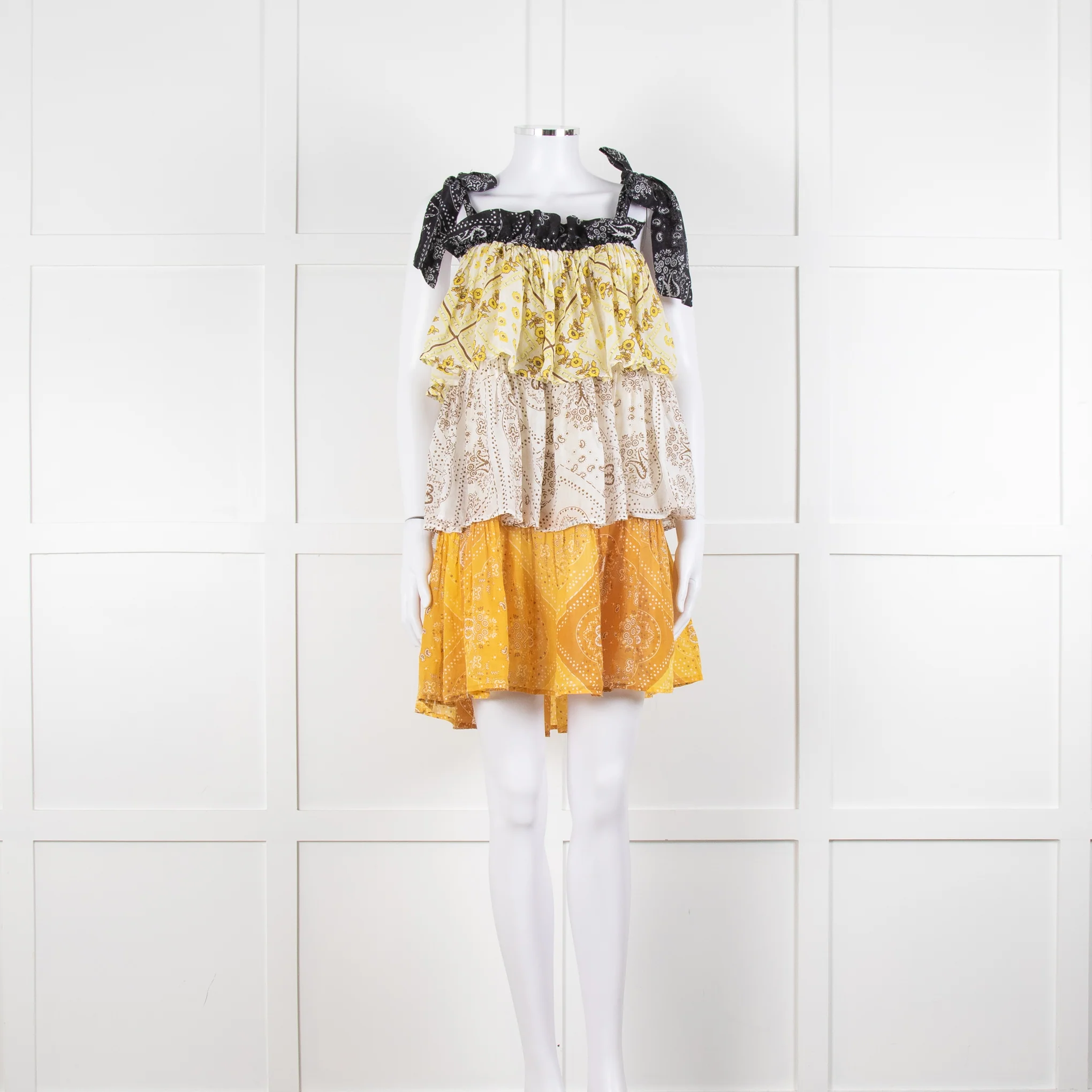 Innika Yellow White Black Ramie Tiered Short Dress