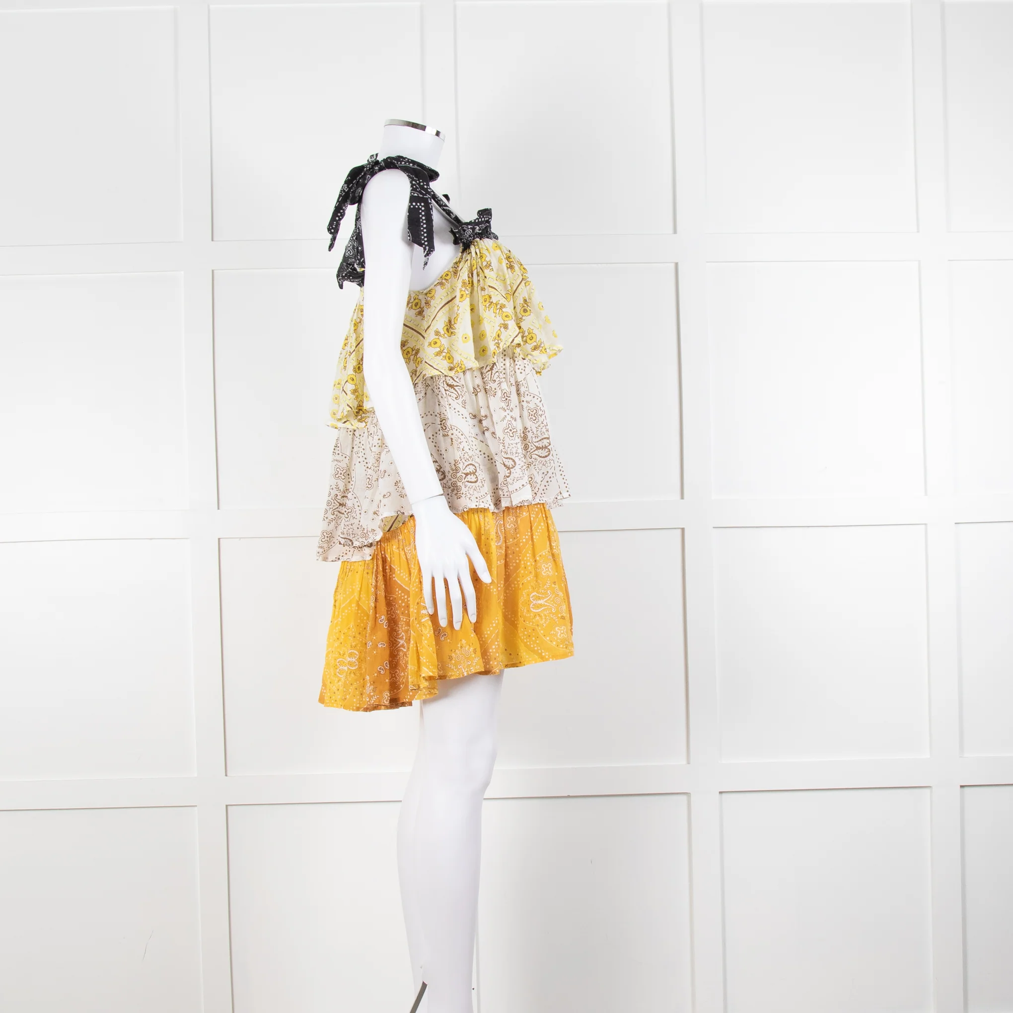 Innika Yellow White Black Ramie Tiered Short Dress - Image 3