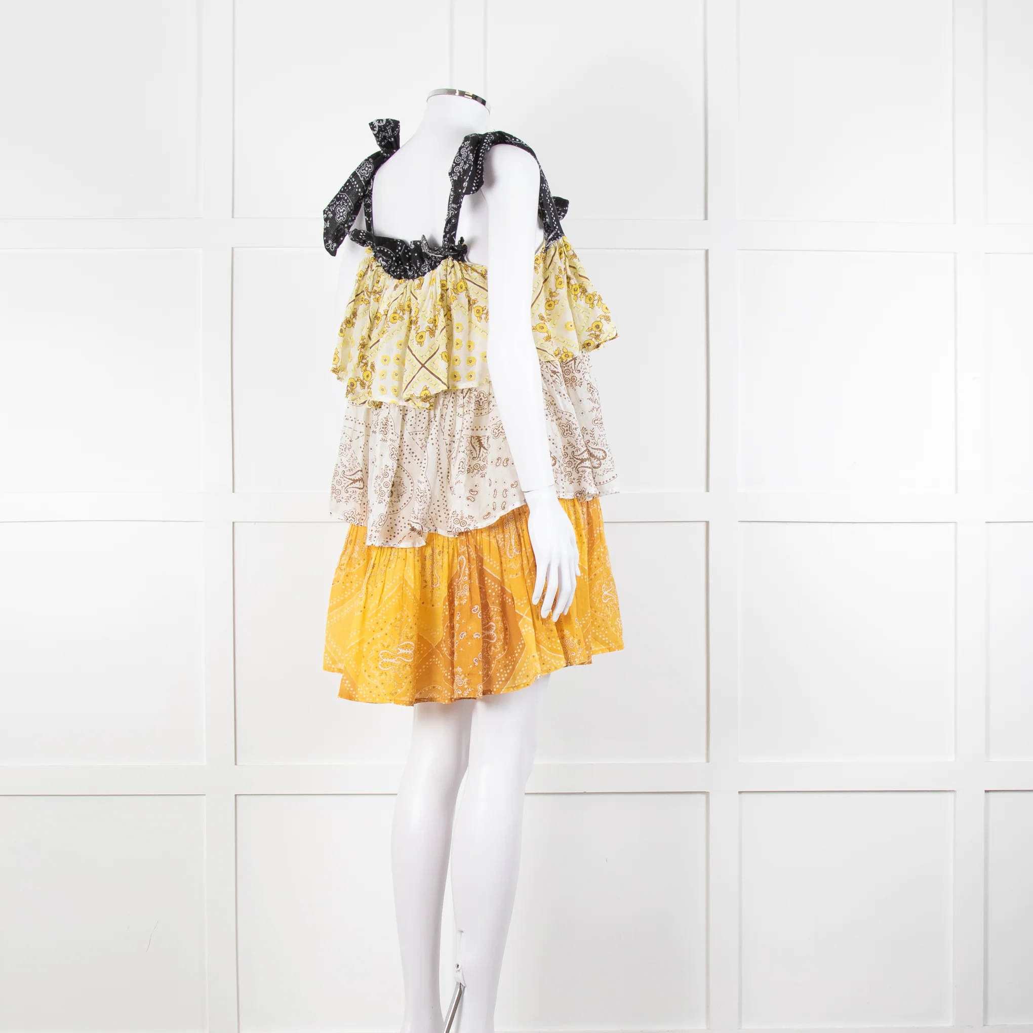 Innika Yellow White Black Ramie Tiered Short Dress - Image 4