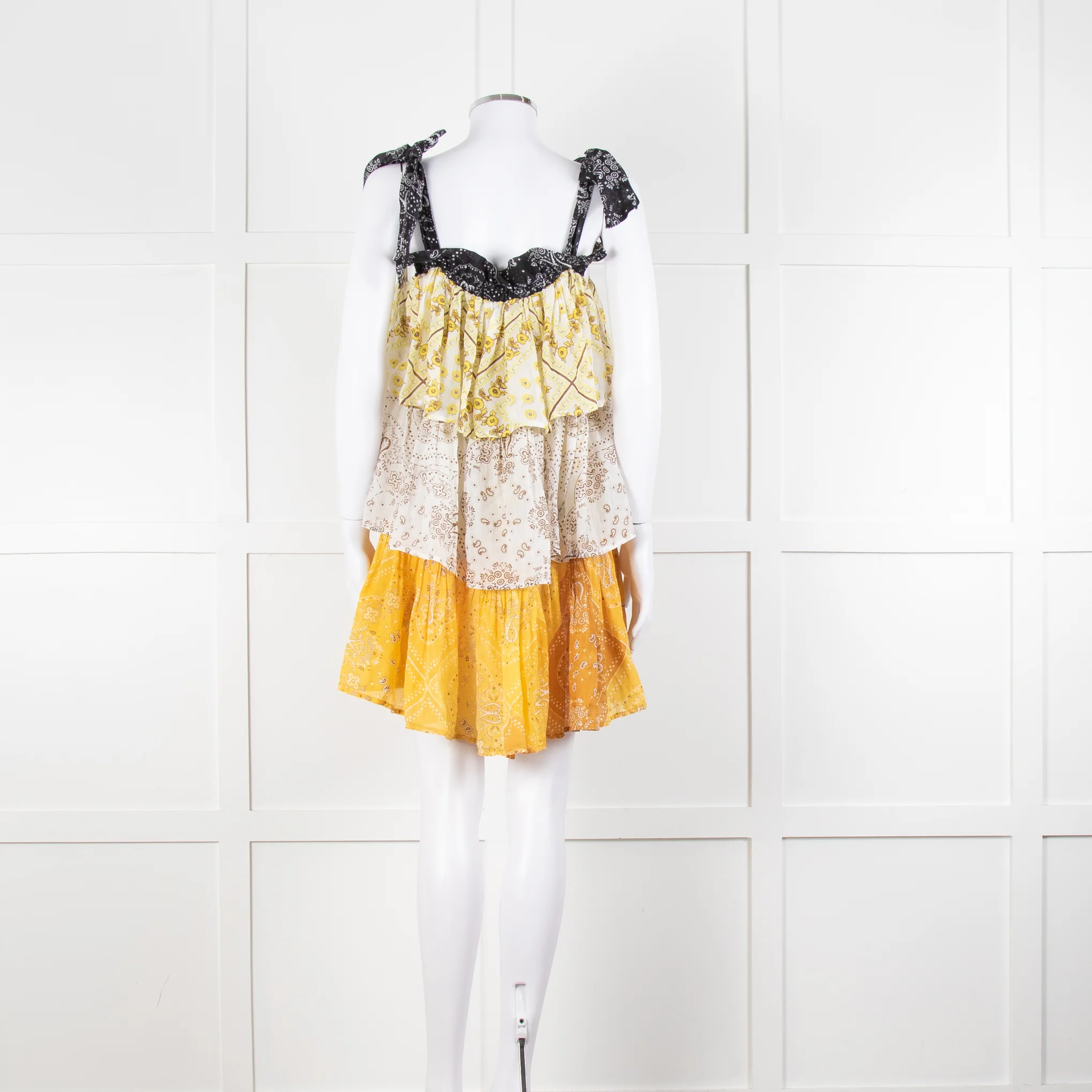 Innika Yellow White Black Ramie Tiered Short Dress - Image 5