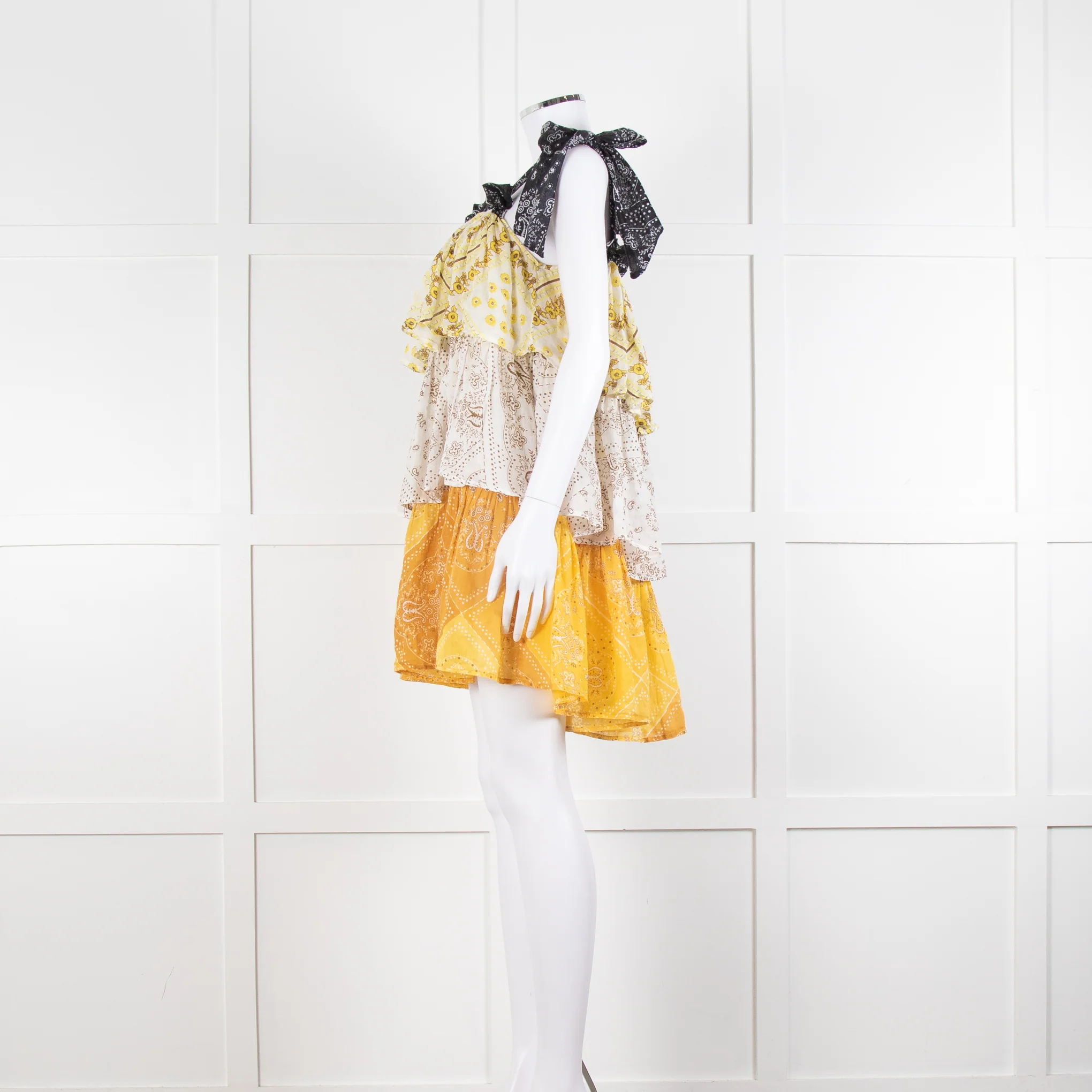 Innika Yellow White Black Ramie Tiered Short Dress - Image 7